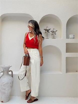 Nişantaşı Butik YÜKSEK BEL PAÇA DETAY BARREL EKRU PANTOLON