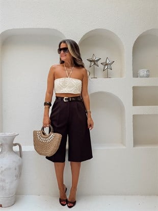 Nişantaşı Butik YÜKSEK BEL TEK PİLE BERMUD KAHVERENGİ KUMAS  ŞORT