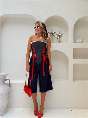 Nişantaşı Butik YÜKSEK BEL TEK PİLE BERMUD LACİVERT KUMAS  ŞORT