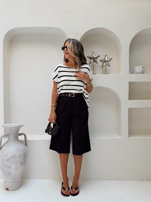 Nişantaşı Butik YÜKSEK BEL TEK PİLE BERMUD SİYAH KUMAS  ŞORT