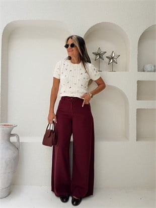 Nişantaşı Butik YÜKSEK BEL TENSEL JEAN PANTOLON BORDO