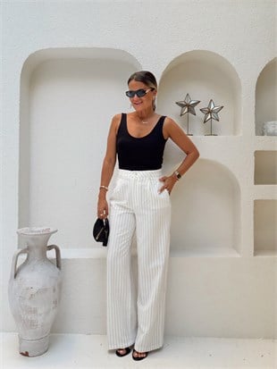 Nişantaşı Butik YÜKSEL BEL SOFT SİYAH ÇİZGİLİ PANTOLON