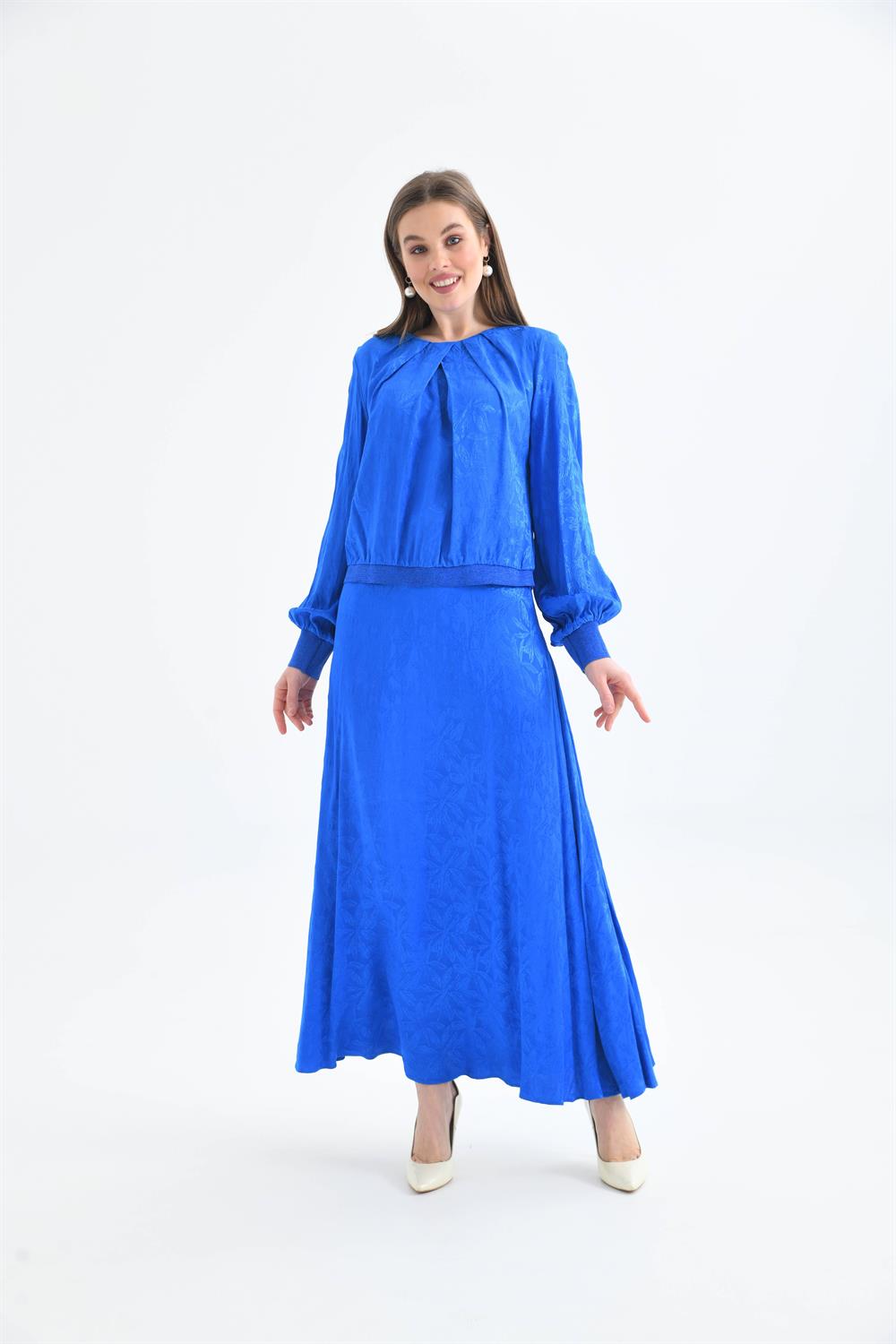 FTZ Women Kadın Leopar Desen Jakar Takım  Saks Mavi 30444