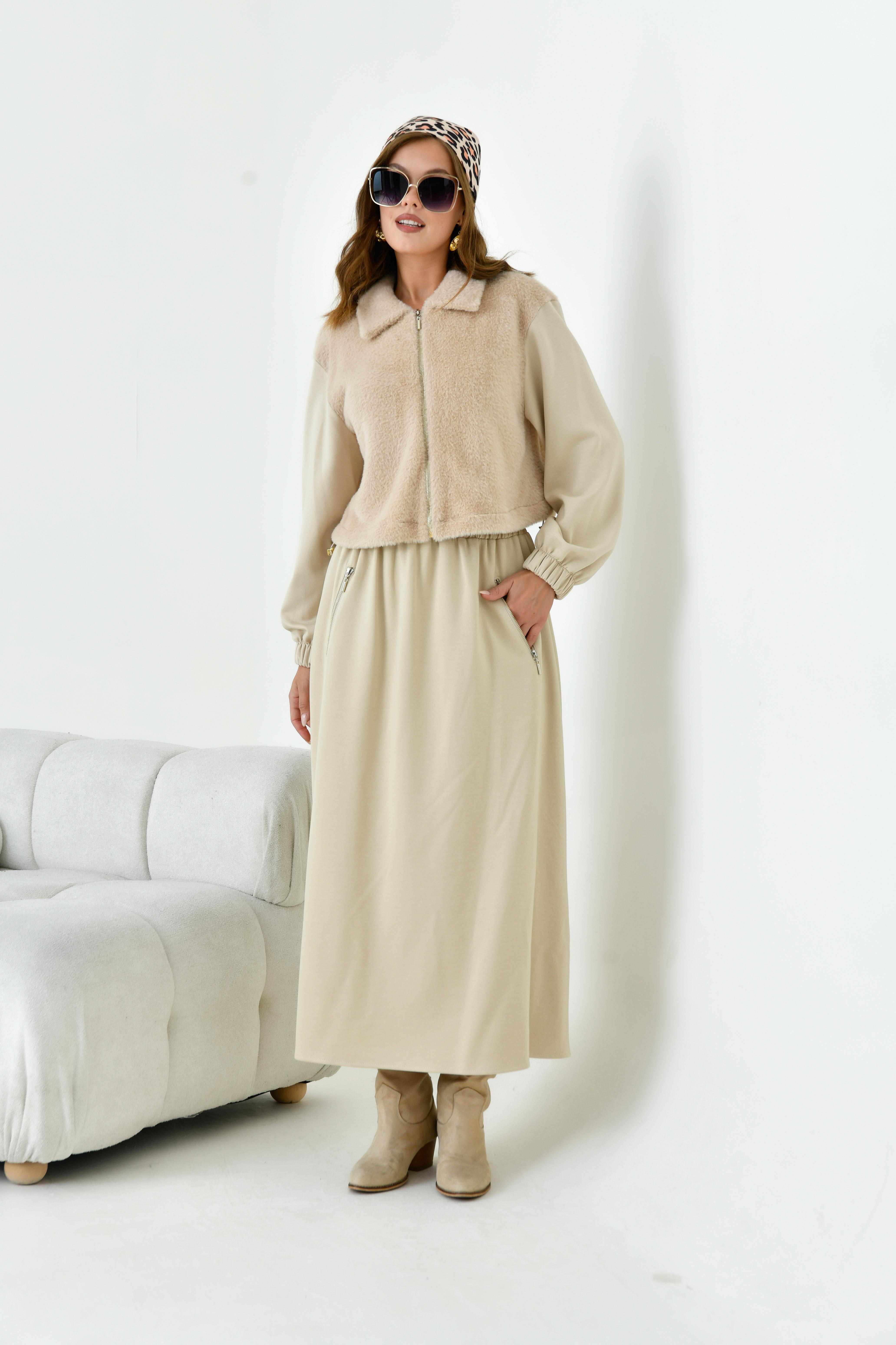 FTZ Women Kadın Angora Etekli Takım  Beige 30986
