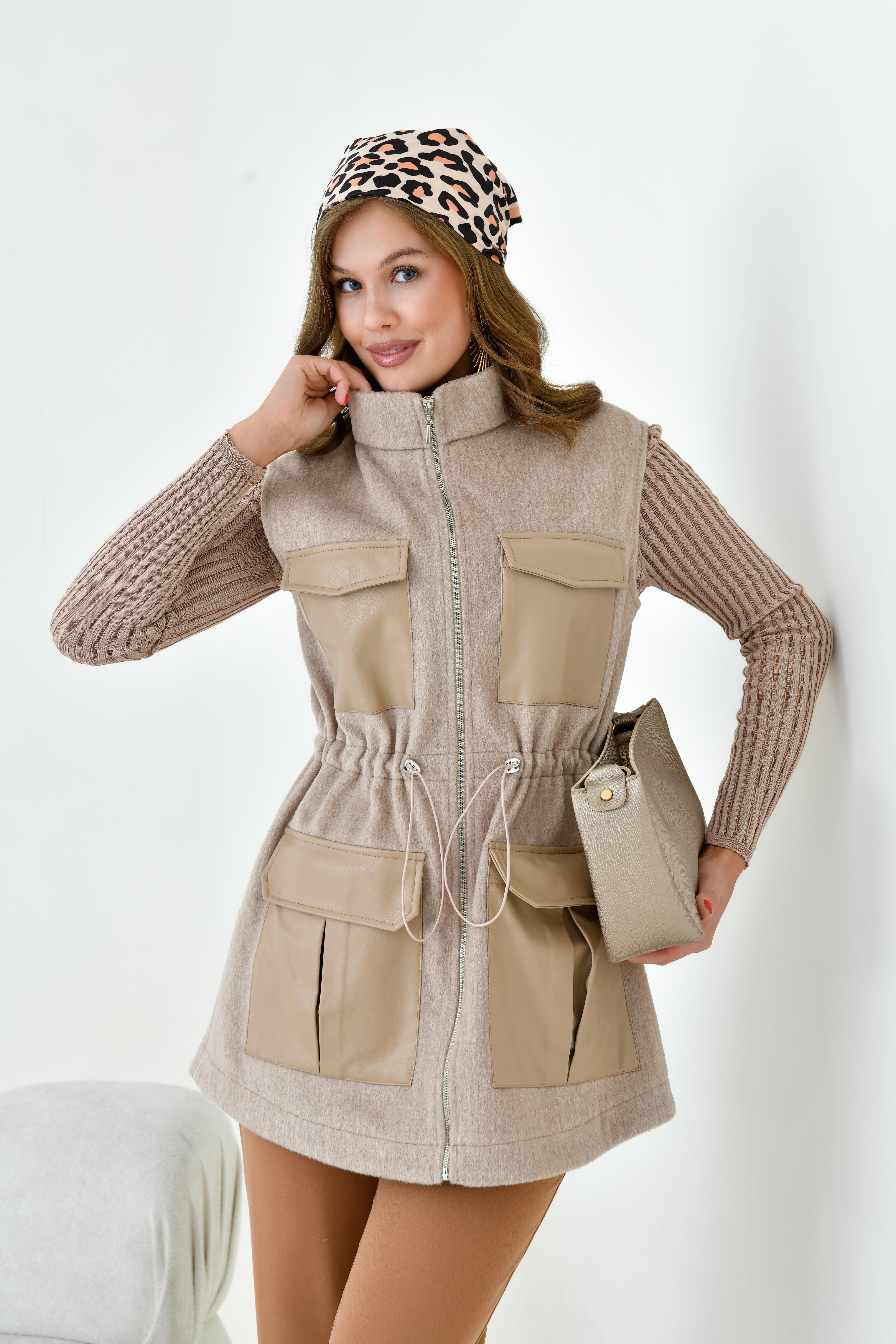 FTZ Women Kadın Kaşe Deri Yelek  Beige 30962