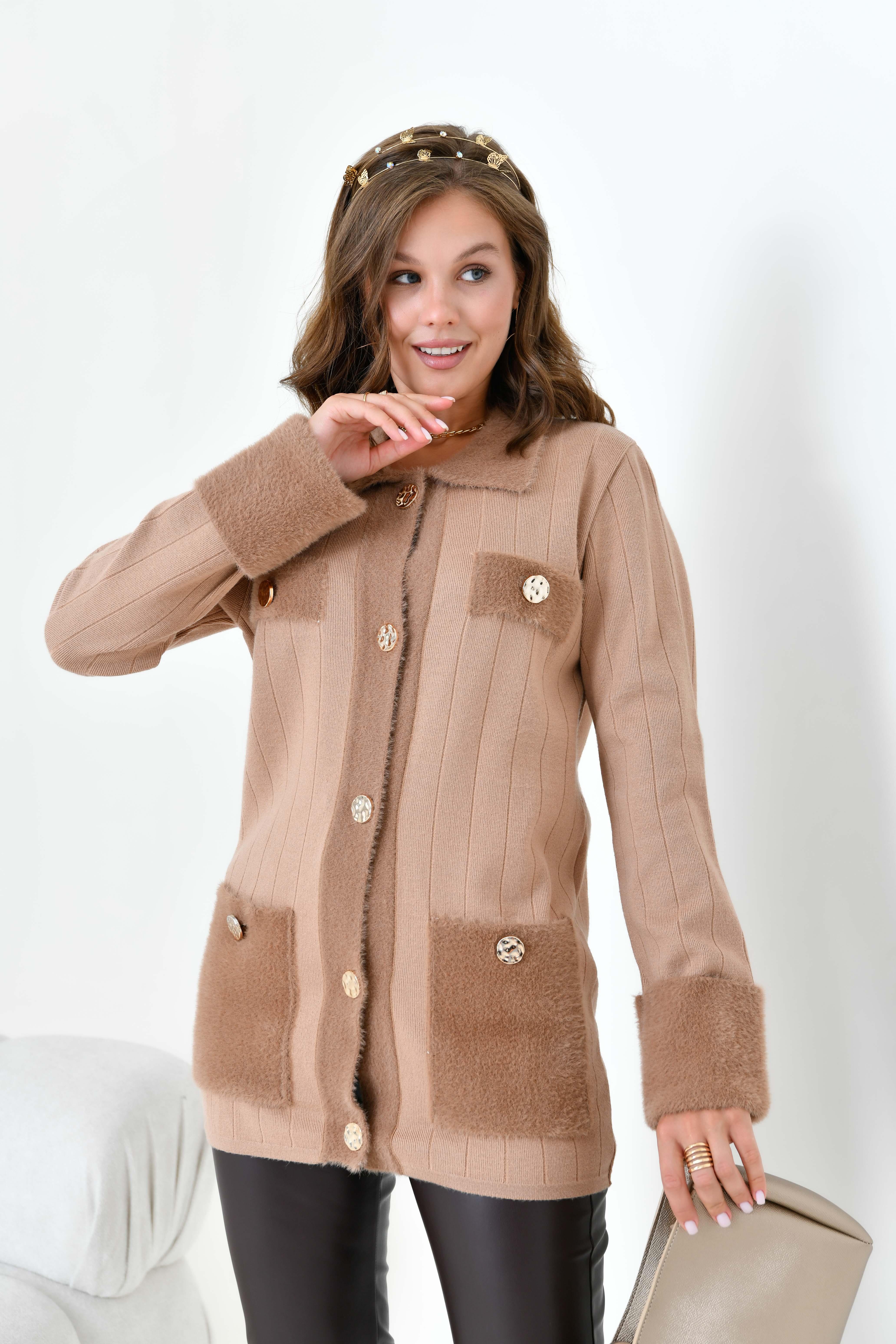 FTZ Women Kadın Pile Detaylı Hırka  Camel 20714