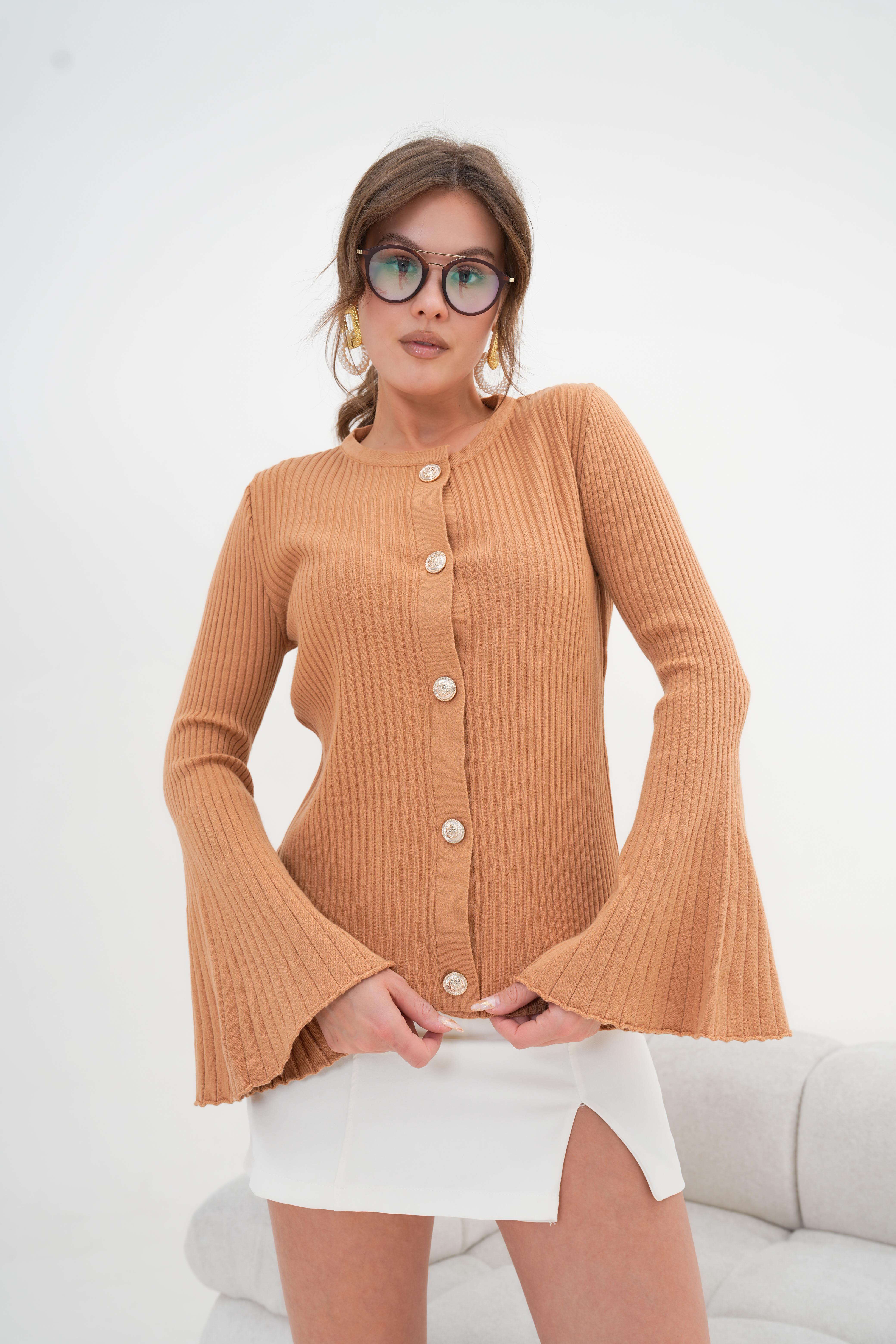 FTZ Women Kadın Volan Kol Detaylı Triko Hırka  Camel 20898