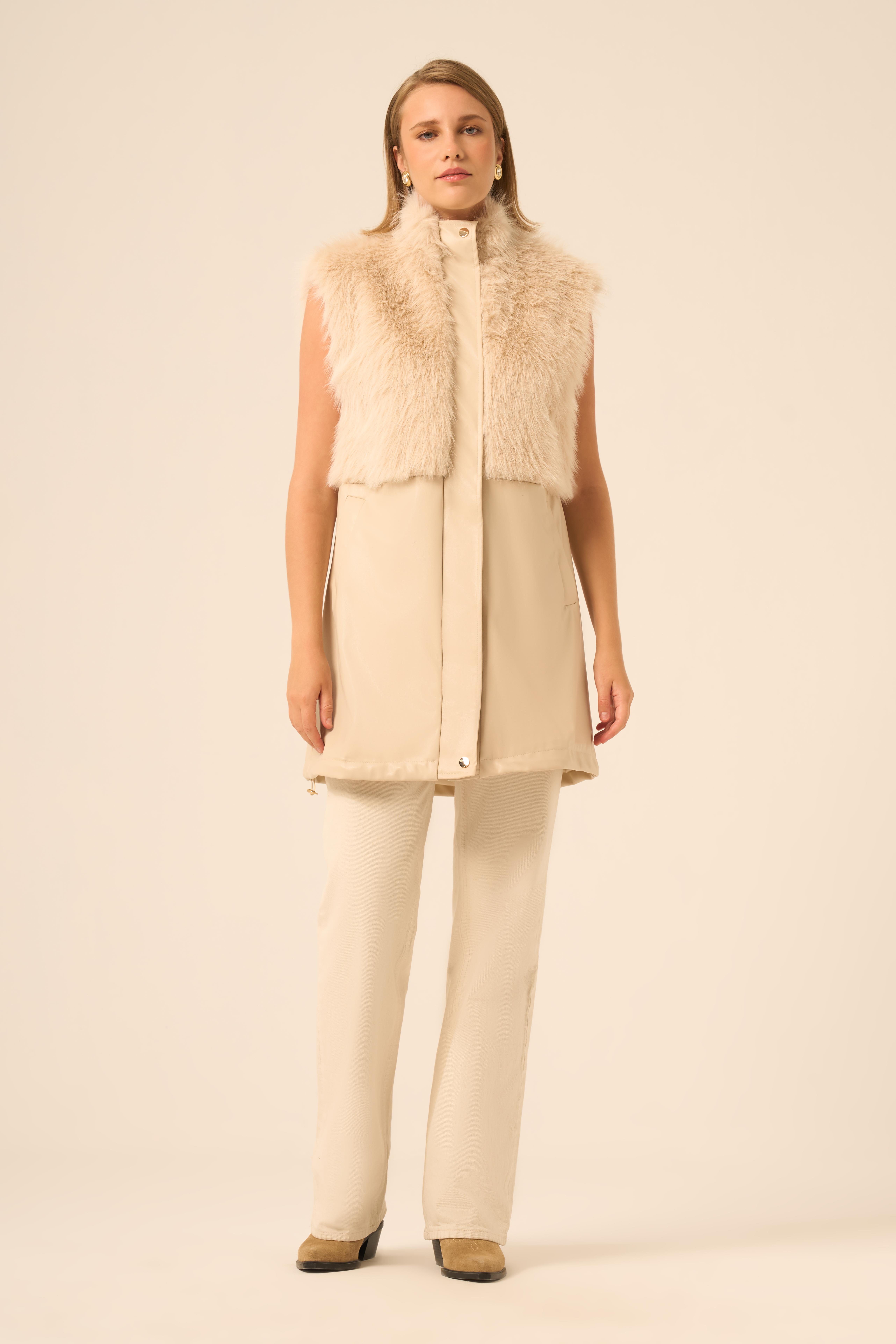 FTZ Women Kadın Pelüs Detay Deri Yelek  Beige 31243