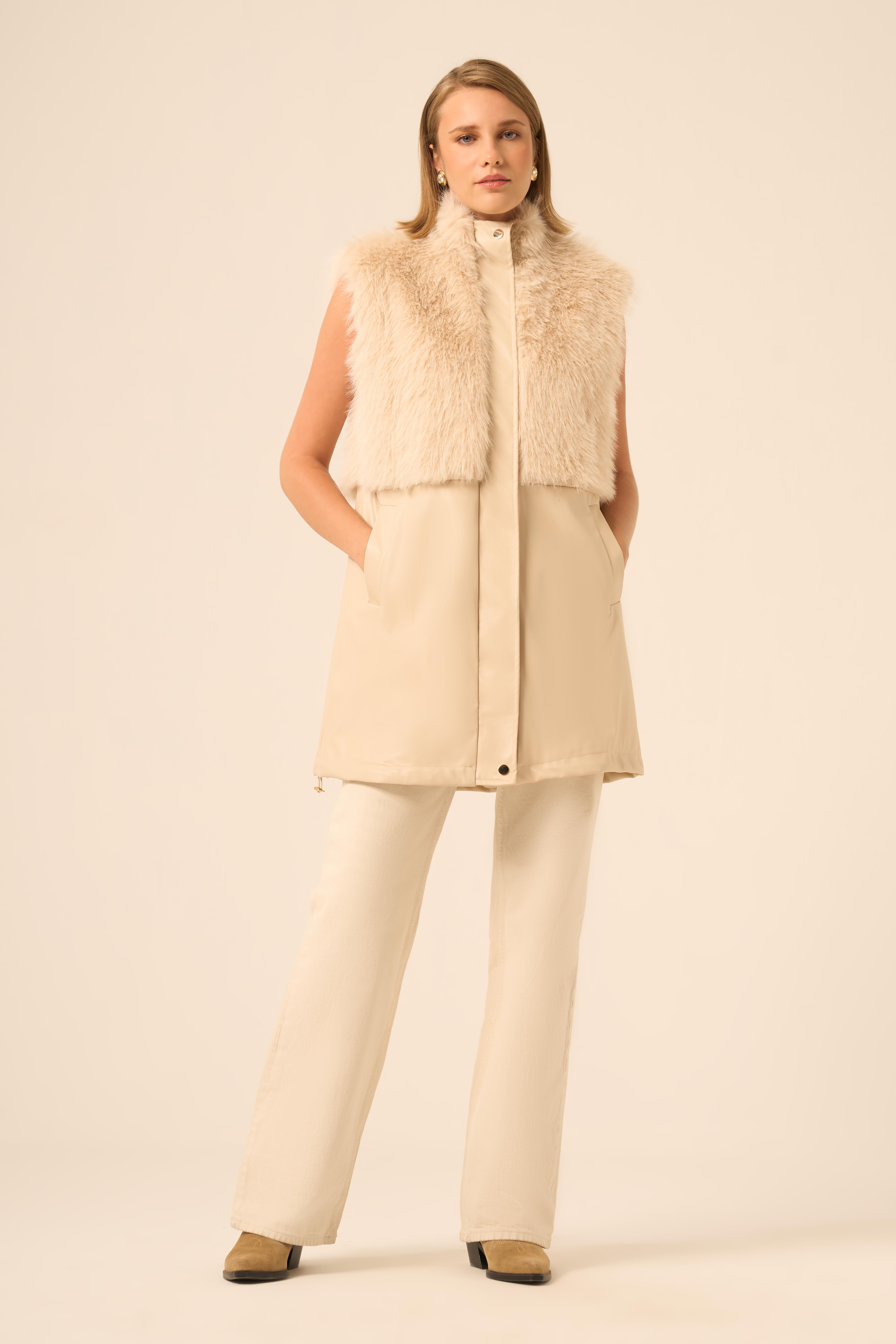 FTZ Women Kadın Pelüs Detay Deri Yelek  Beige 31243