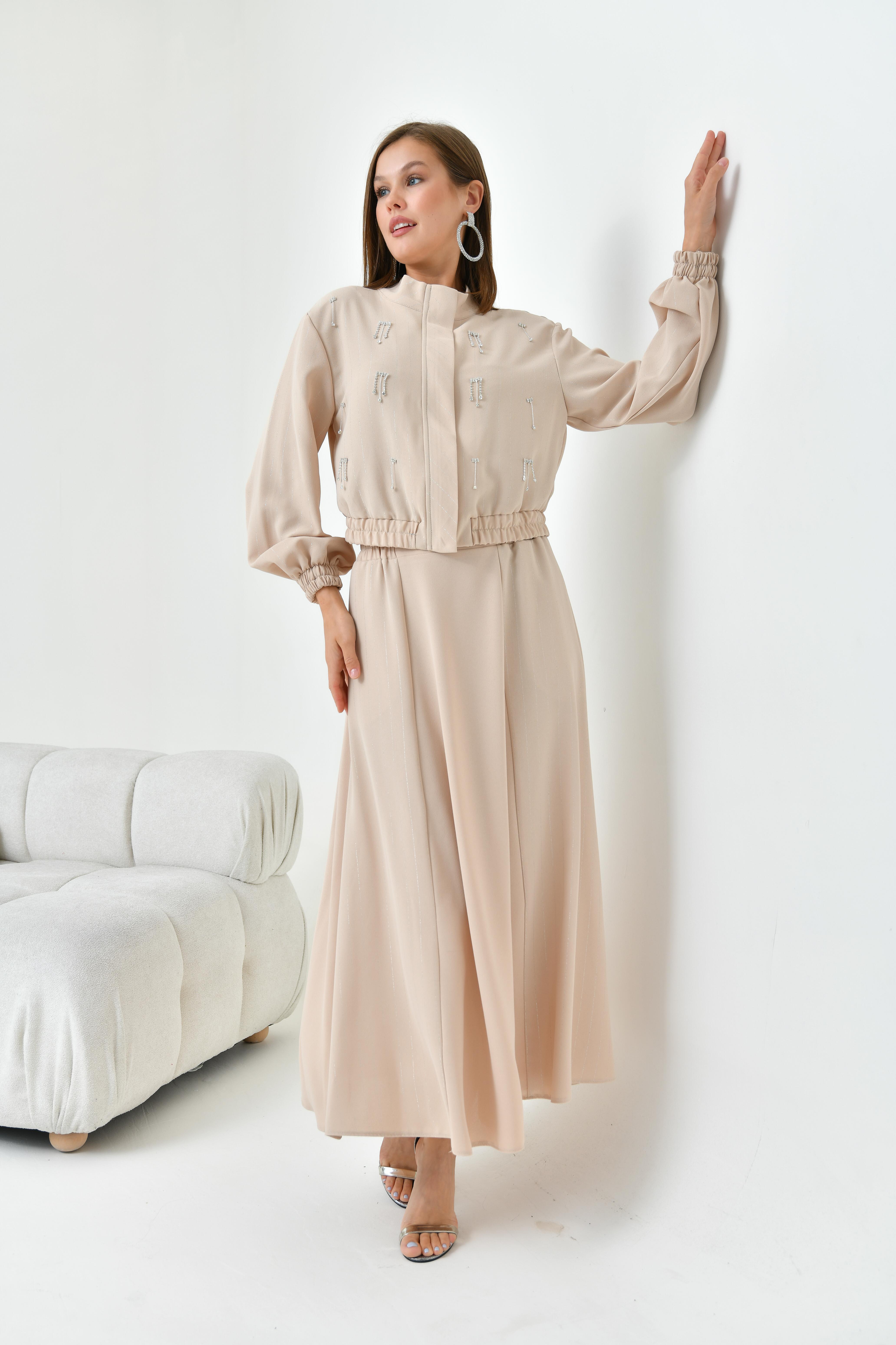 FTZ Women Kadın Simli Crep Etekli Takım  Beige 30839