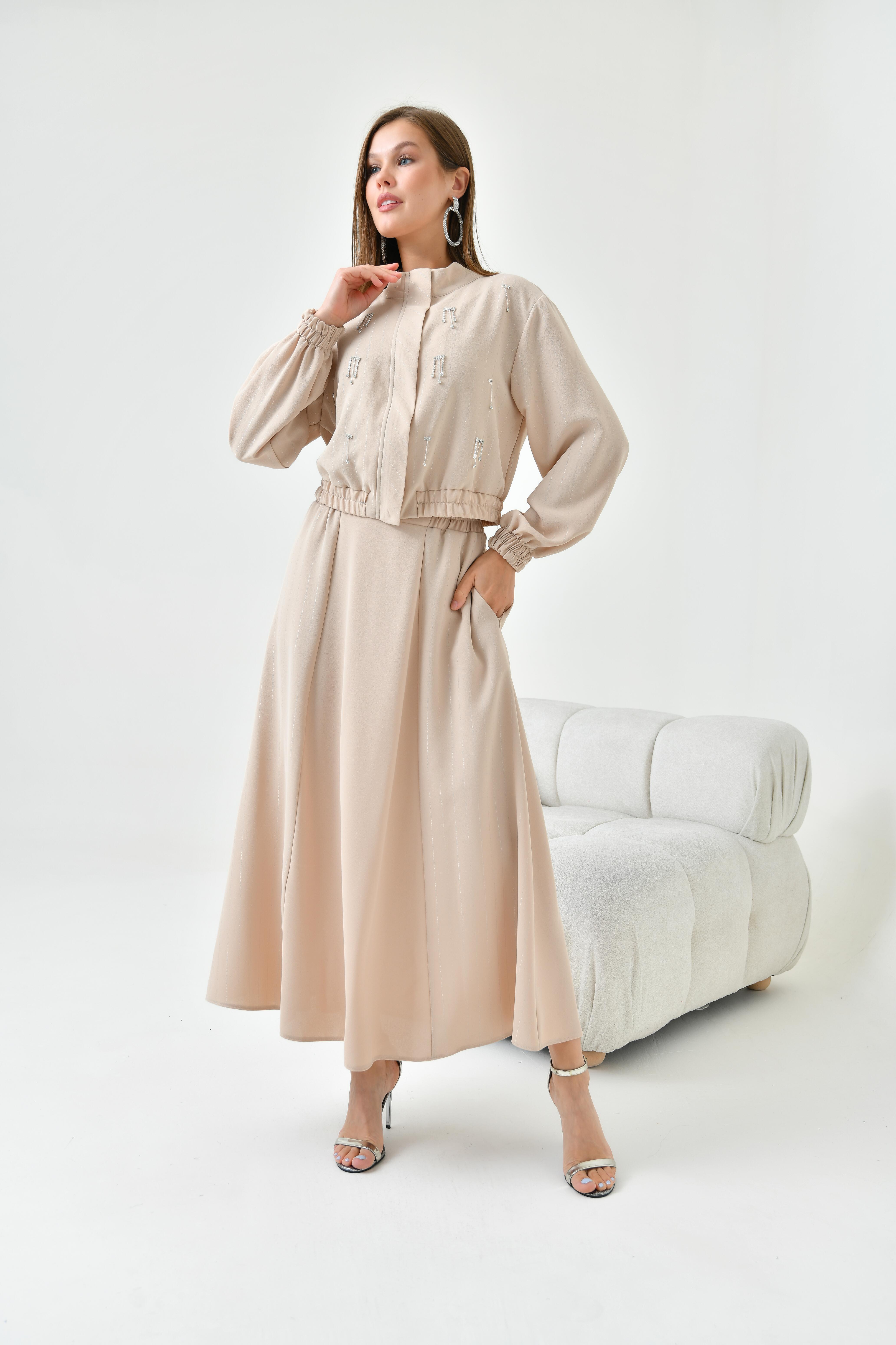 FTZ Women Kadın Simli Crep Etekli Takım  Beige 30839