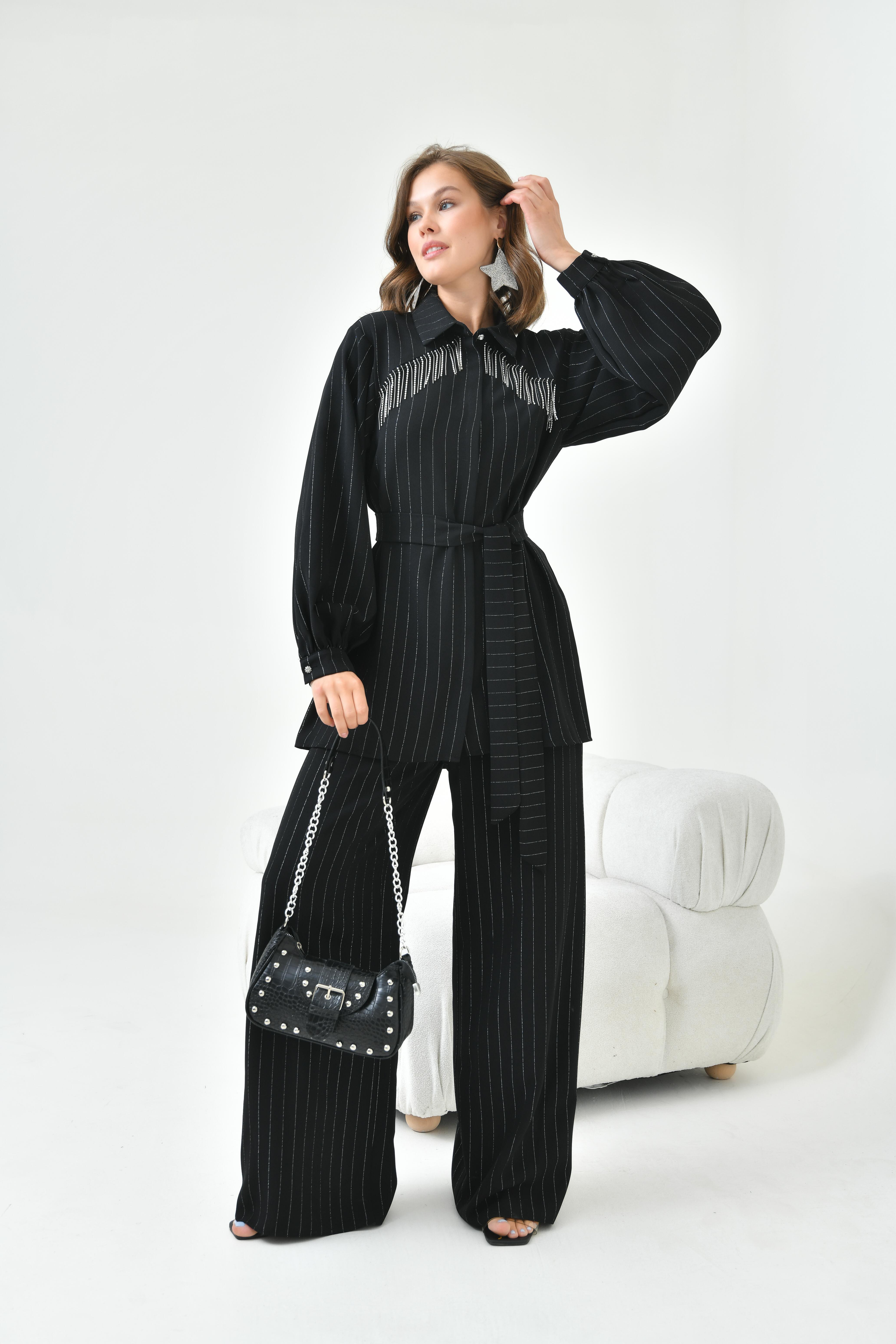 FTZ Women Kadın Simli Krep Takım  Siyah 30844