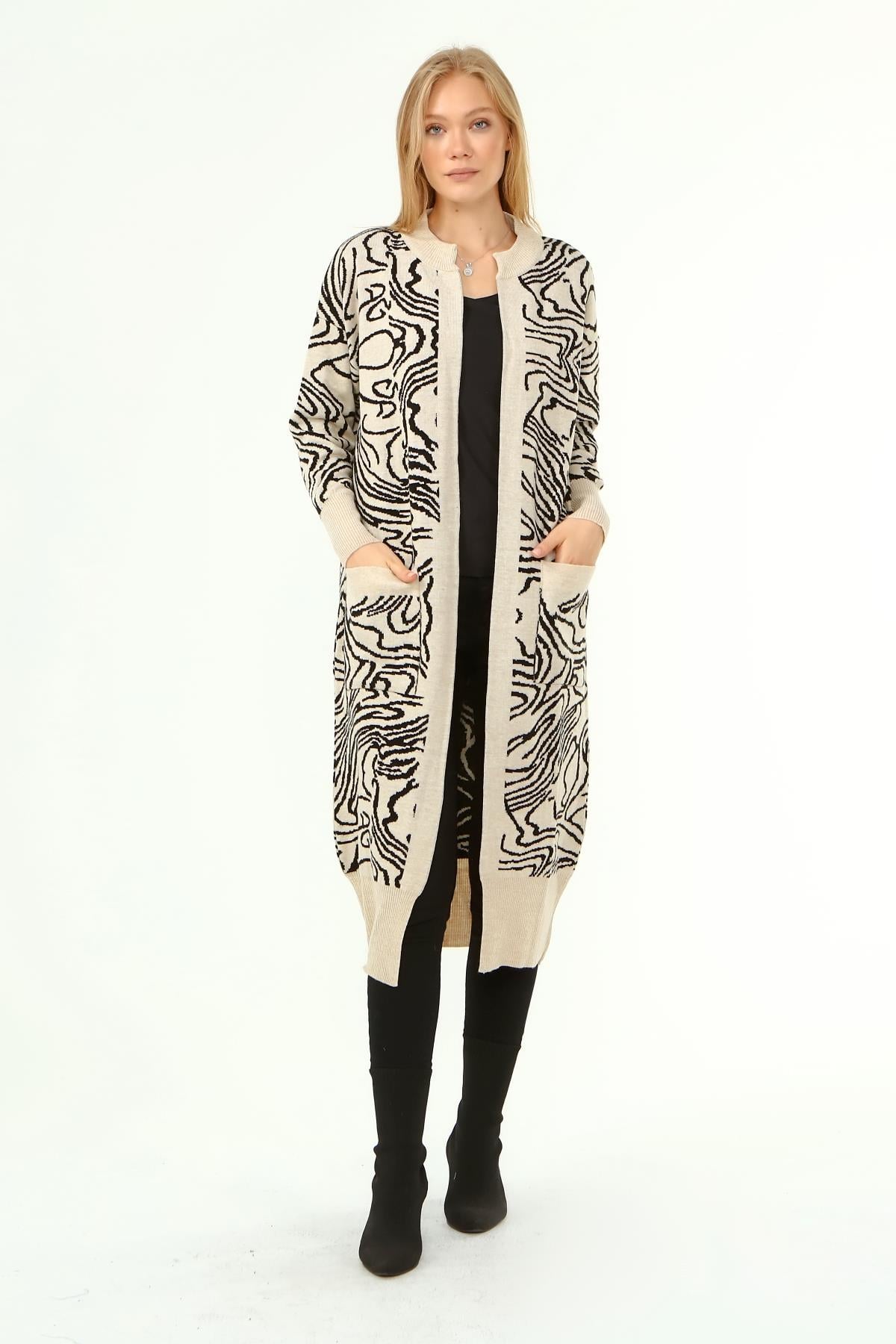 FTZ Women FTZ Women Kadın Zebra Desen Giy Çık Hırka  Taş 21-6005