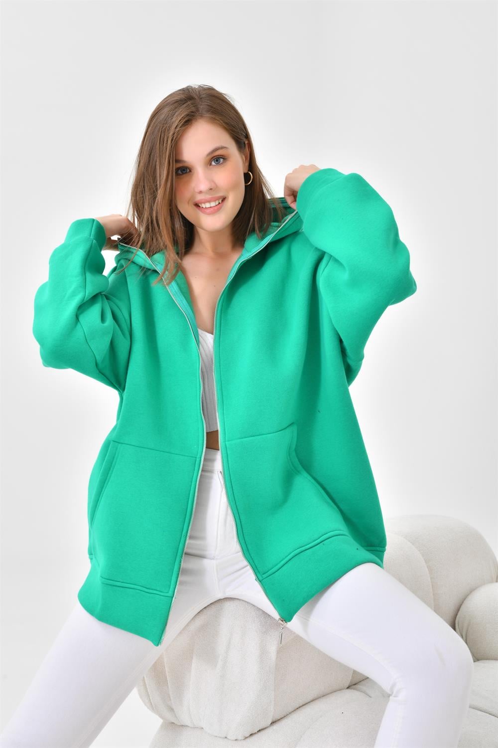 FTZ Women Kadın Oversize 3 İp Şardonlu Fermuarlı Sweatshırt  Benetton 10002