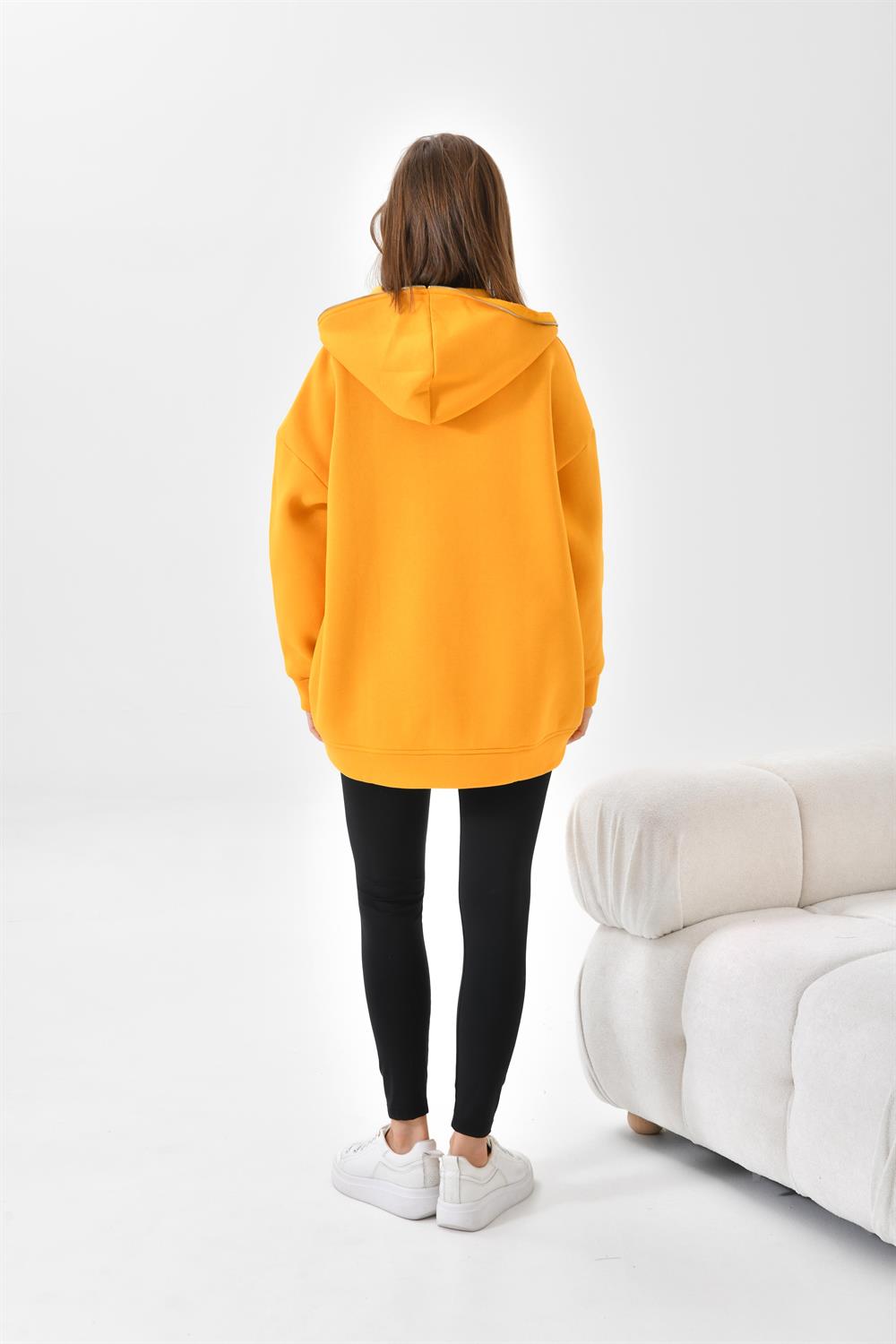 FTZ Women Kadın Oversize 3 İp Şardonlu Fermuarlı Sweatshırt  Hardal 10002