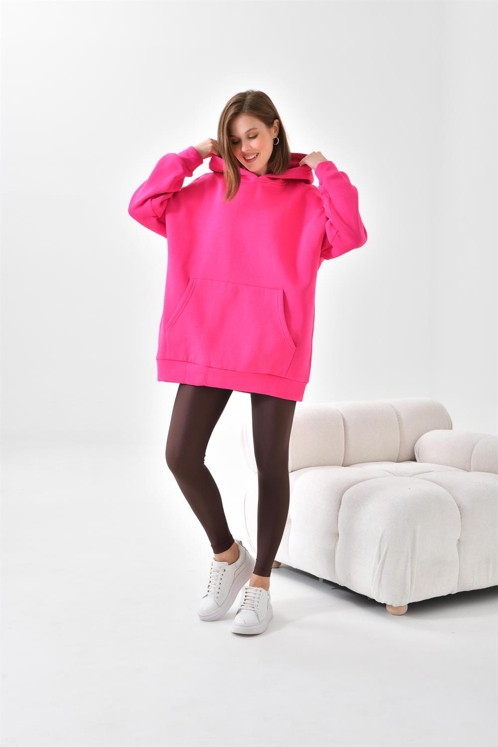 FTZ Women Kadın Oversize 3 İp Şardonlu Kapüşonlu Sweatshirt  Fuşya 10000