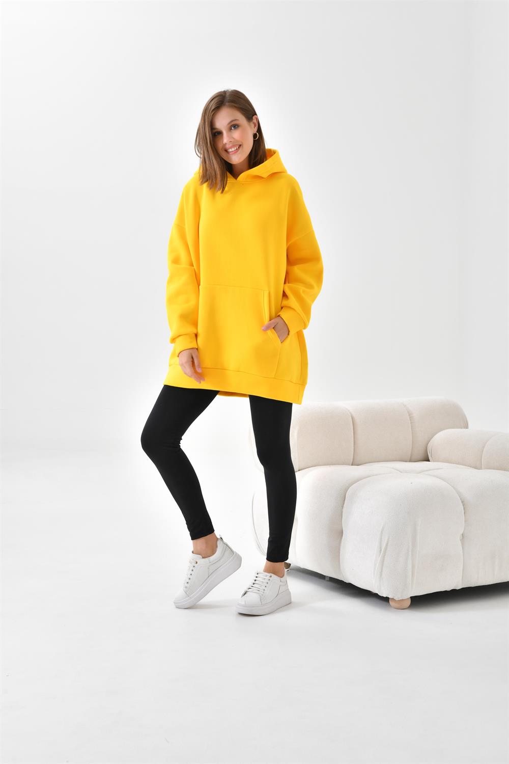 FTZ Women Kadın Oversize 3 İp Şardonlu Kapüşonlu Sweatshirt  Sarı 10000