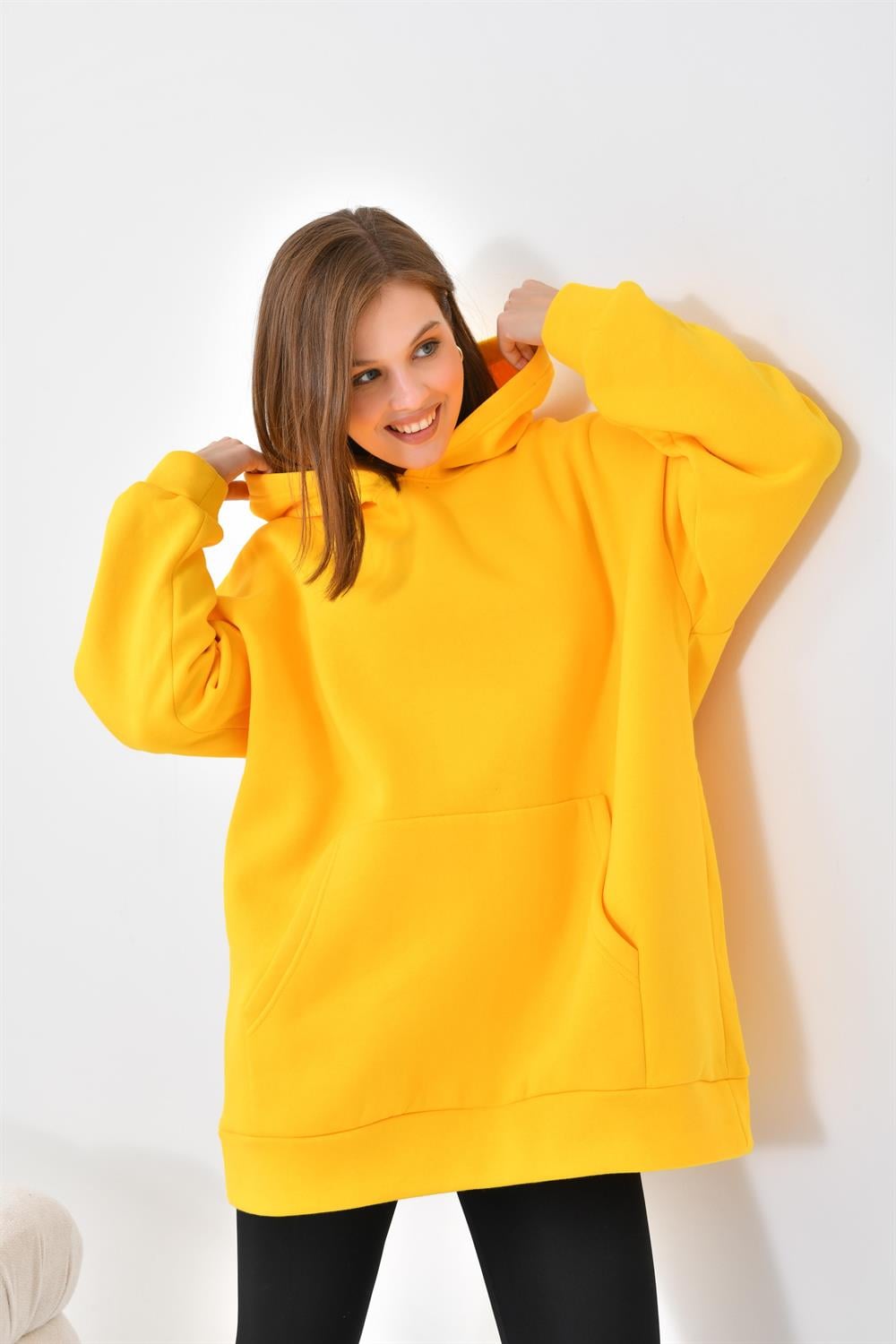 FTZ Women Kadın Oversize 3 İp Şardonlu Kapüşonlu Sweatshirt  Sarı 10000