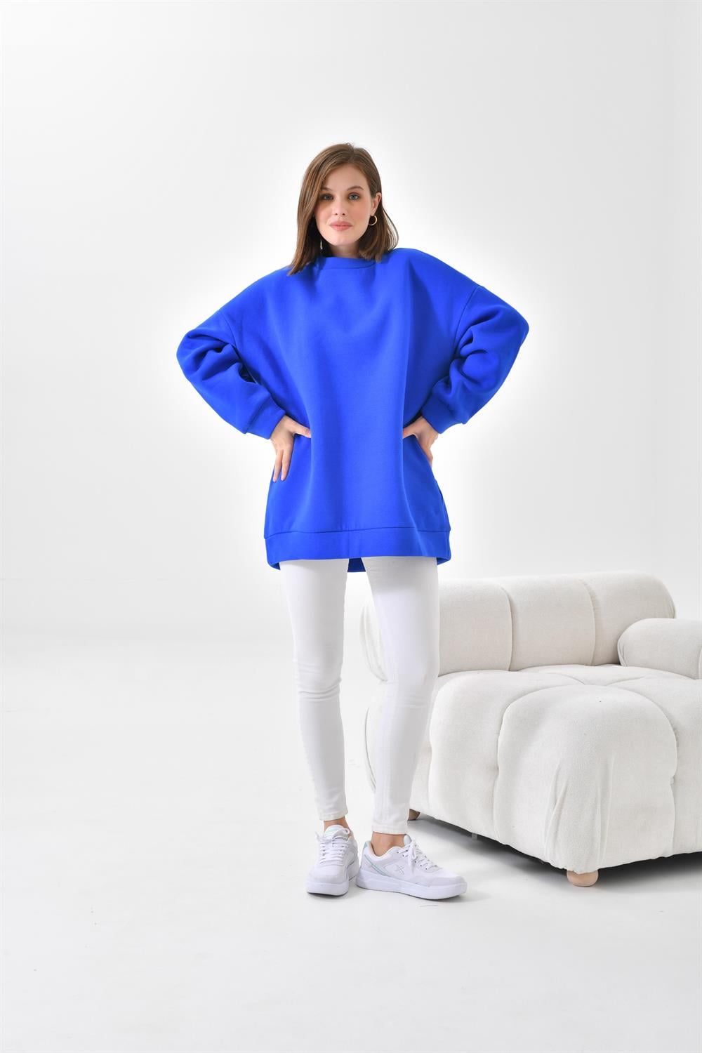 FTZ Women Kadın Oversize 3 İp Şardonlu Sweatshirt  Saks Mavi 10001
