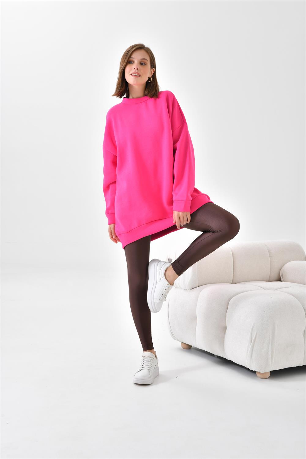 FTZ Women Kadın Oversize 3 İp Şardonlu Sweatshirt  Fuşya 10001