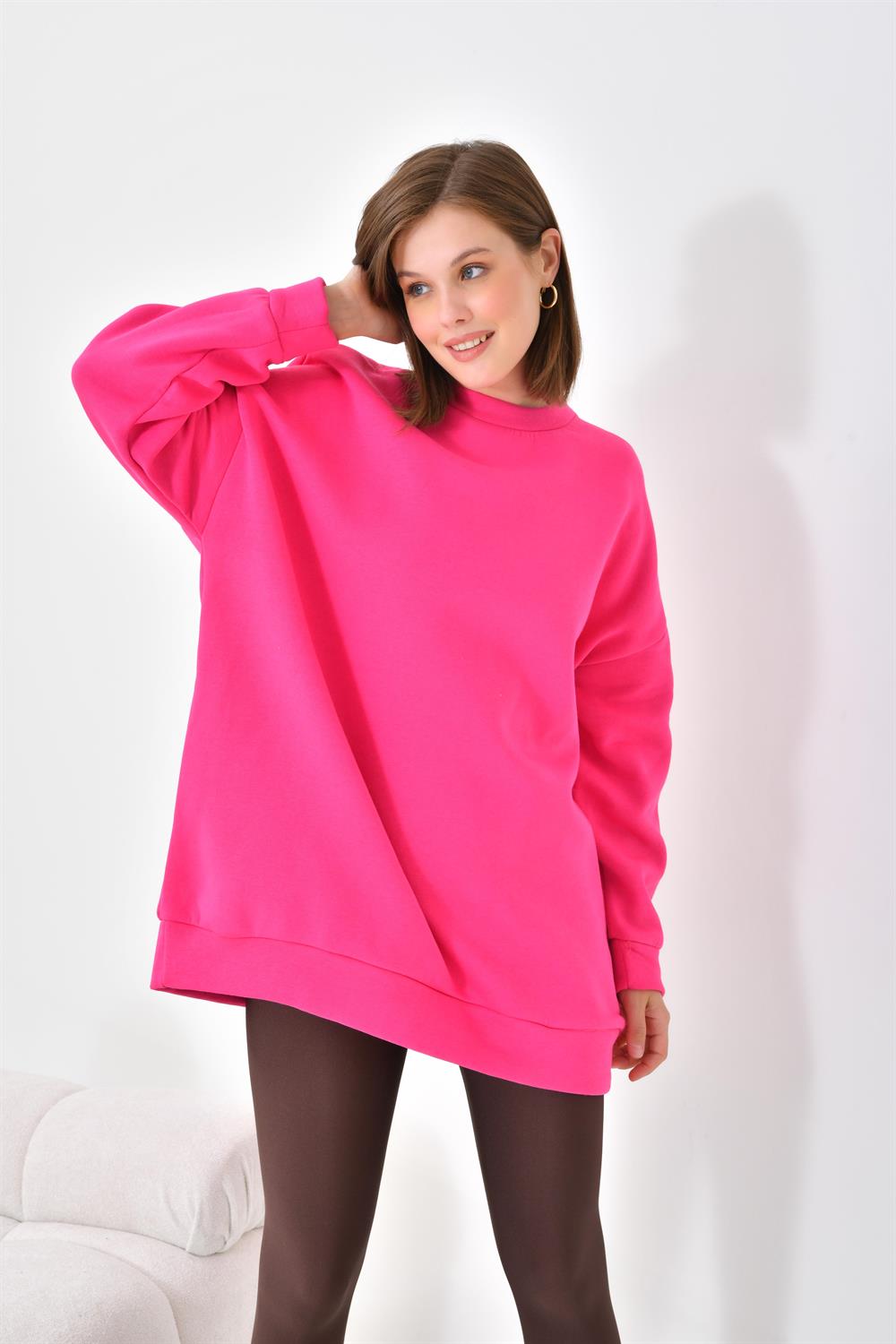 FTZ Women Kadın Oversize 3 İp Şardonlu Sweatshirt  Fuşya 10001