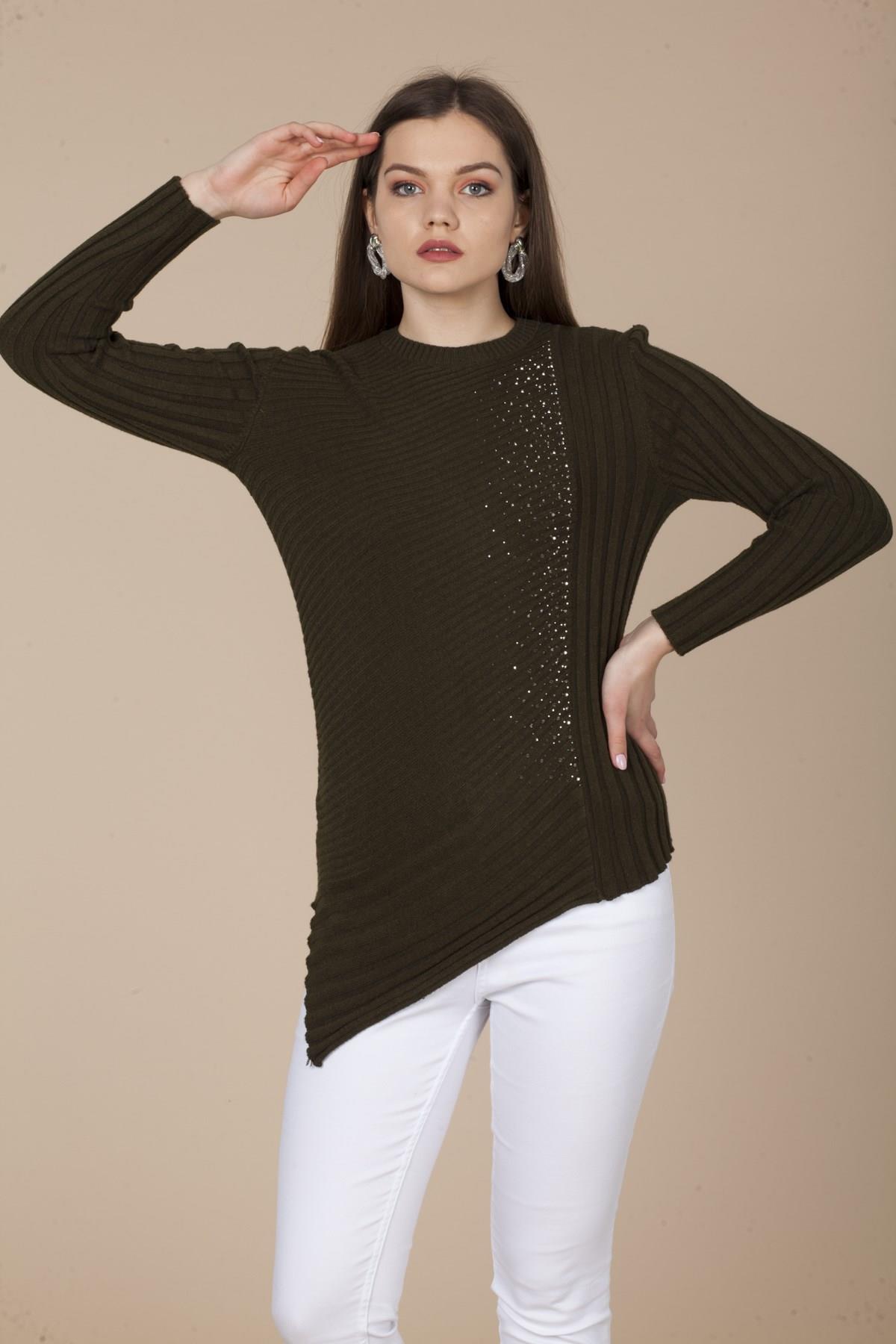 FTZ Women Kadın Asimetrik Kesim Triko  Haki 20-584