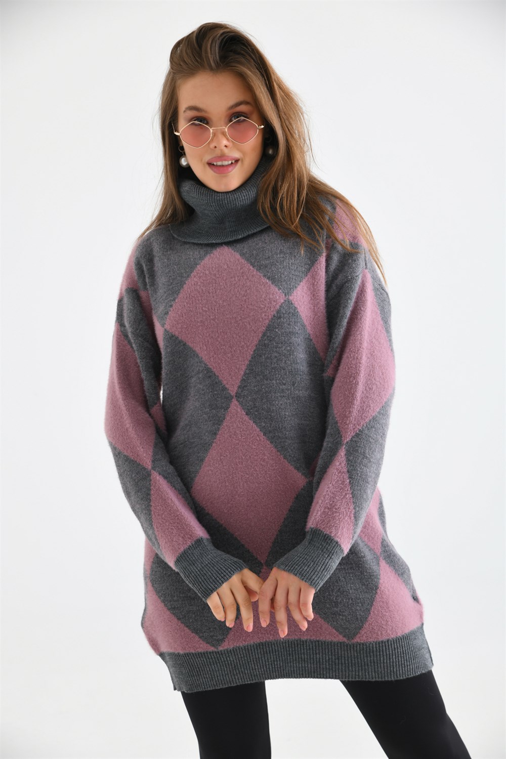 FTZ Women Kadın Baklava Desen Degaje Yaka Kazak  Gri 21-6360