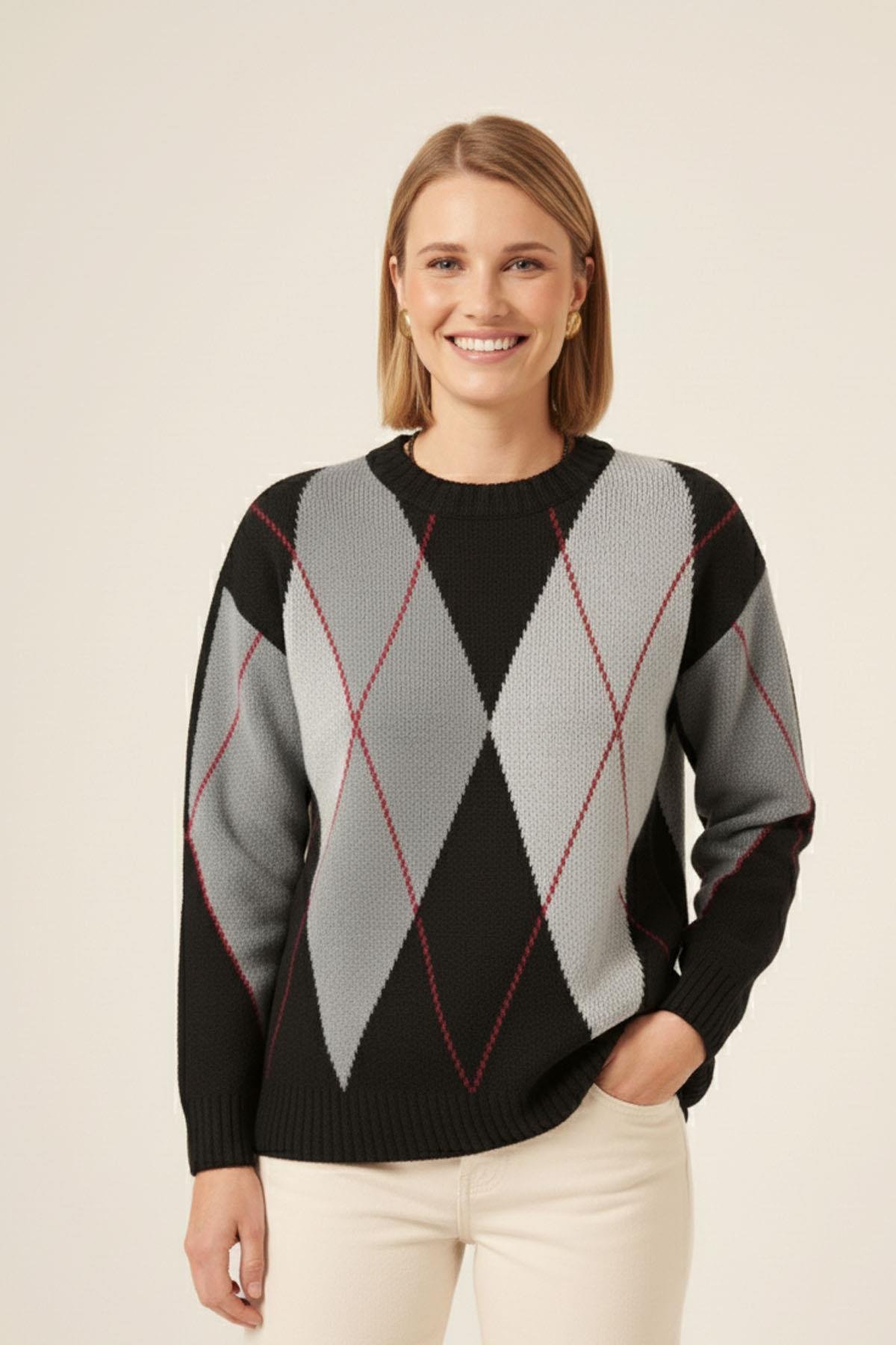 FTZ Women Kadın Baklava Desenli Kazak  Siyah 25094