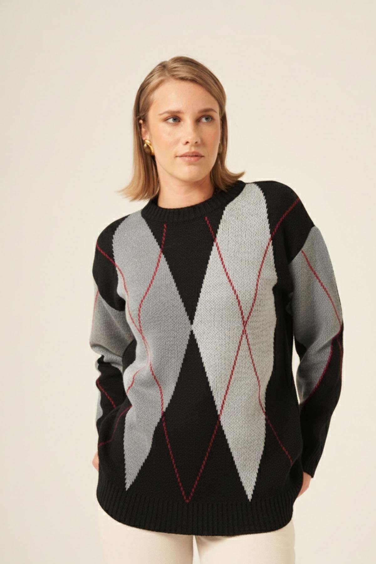 FTZ Women Kadın Baklava Desenli Kazak  Siyah 25094