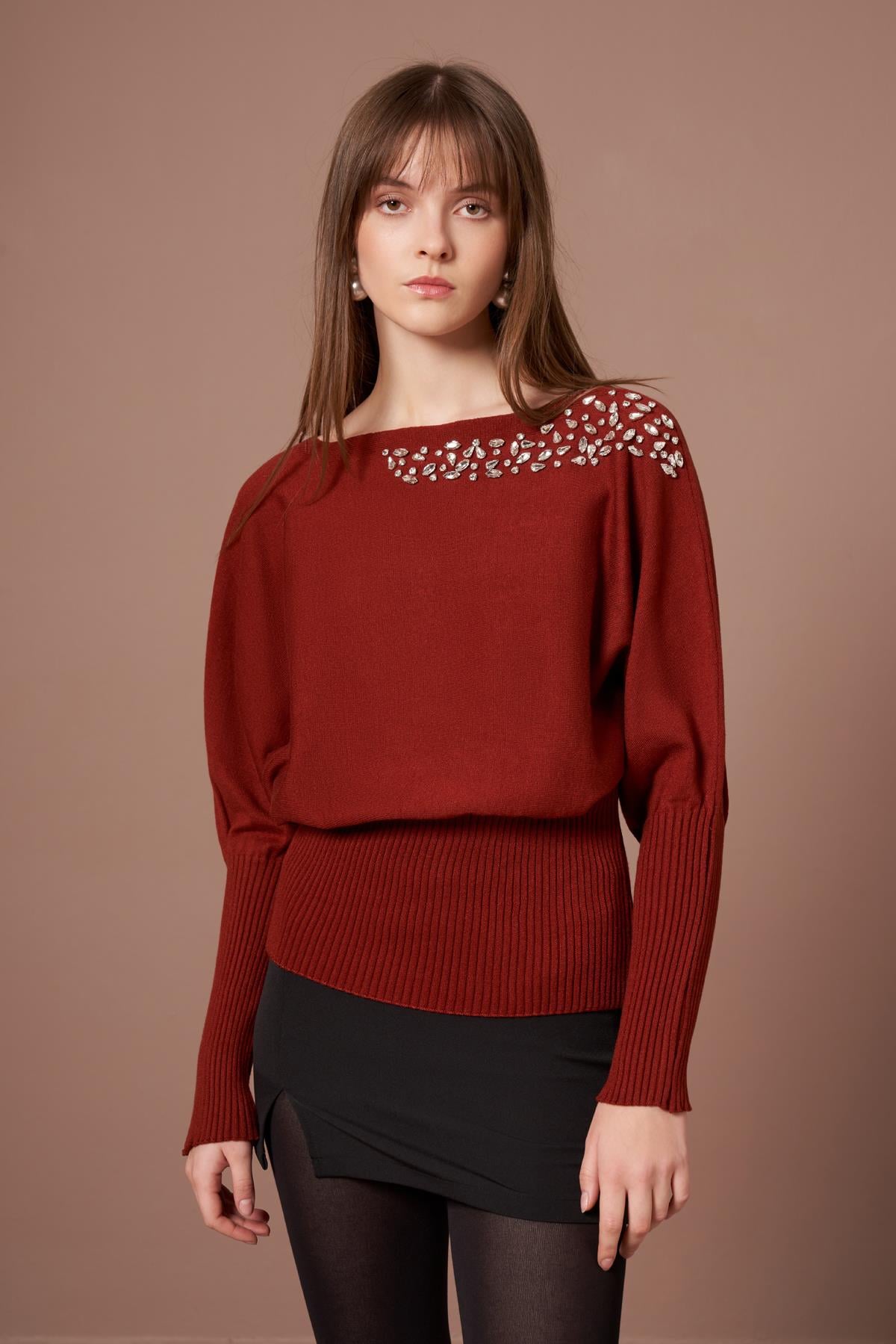 FTZ Women Kadın Beyoğlu İşlemeli Yarasa Kol Kazak  Kiremit 25017