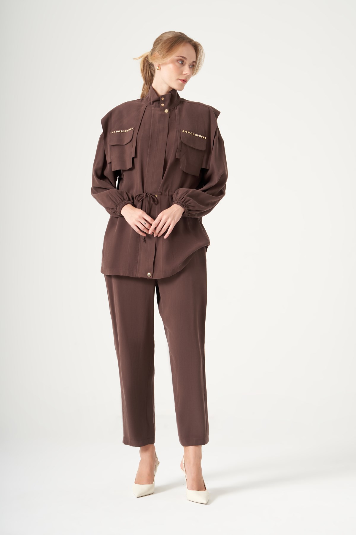 FTZ Women Kadın Cep Taşlı Pantolonlu Takım  Kahve 31557
