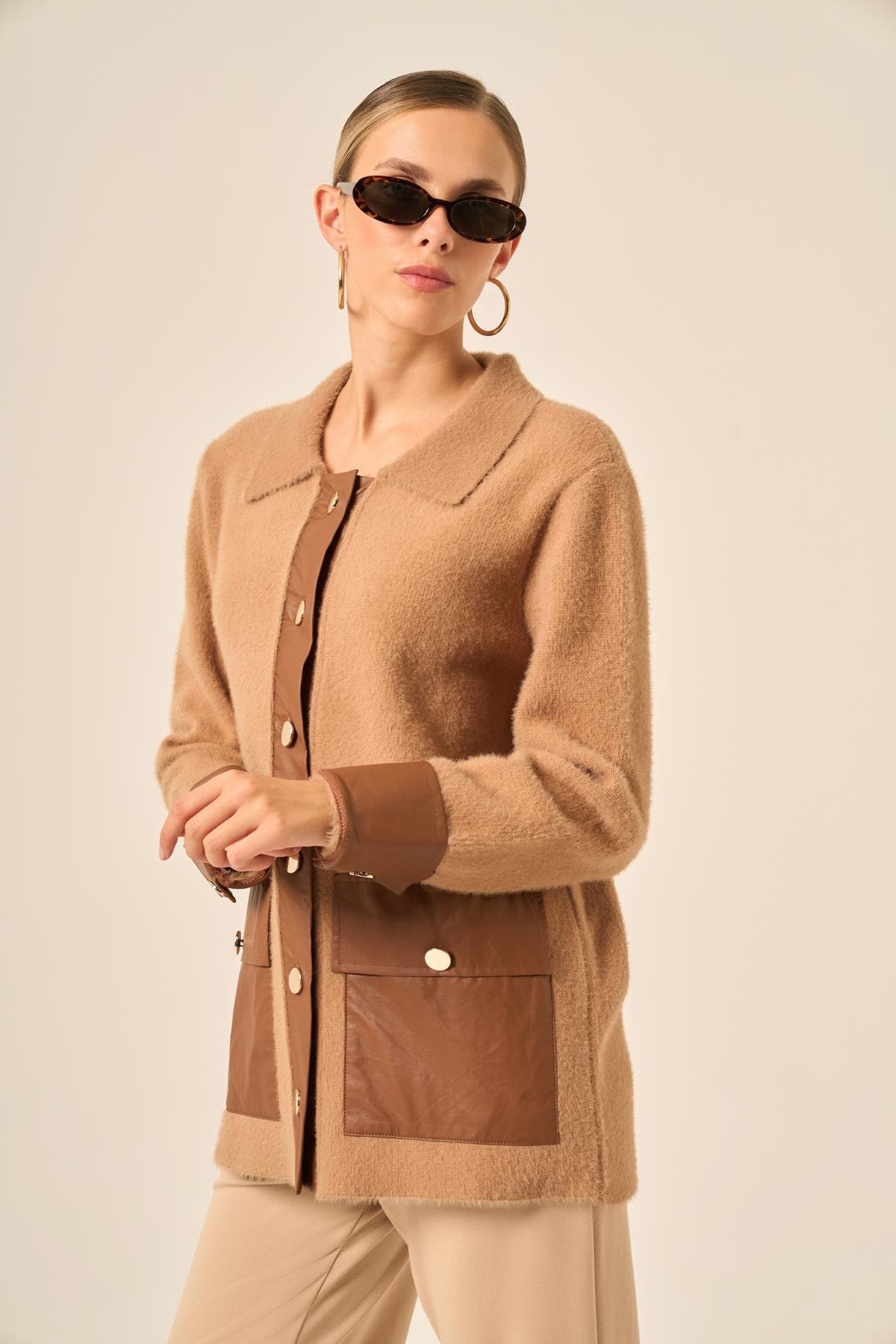 FTZ Women Kadın Deri Detaylı Ceket  Bisküvi 20793