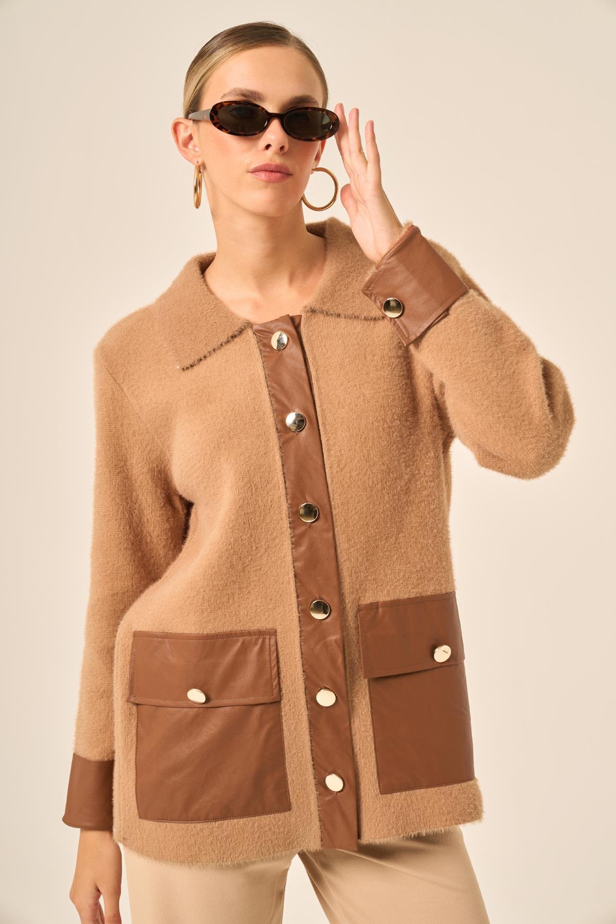 FTZ Women Kadın Deri Detaylı Ceket  Bisküvi 20793