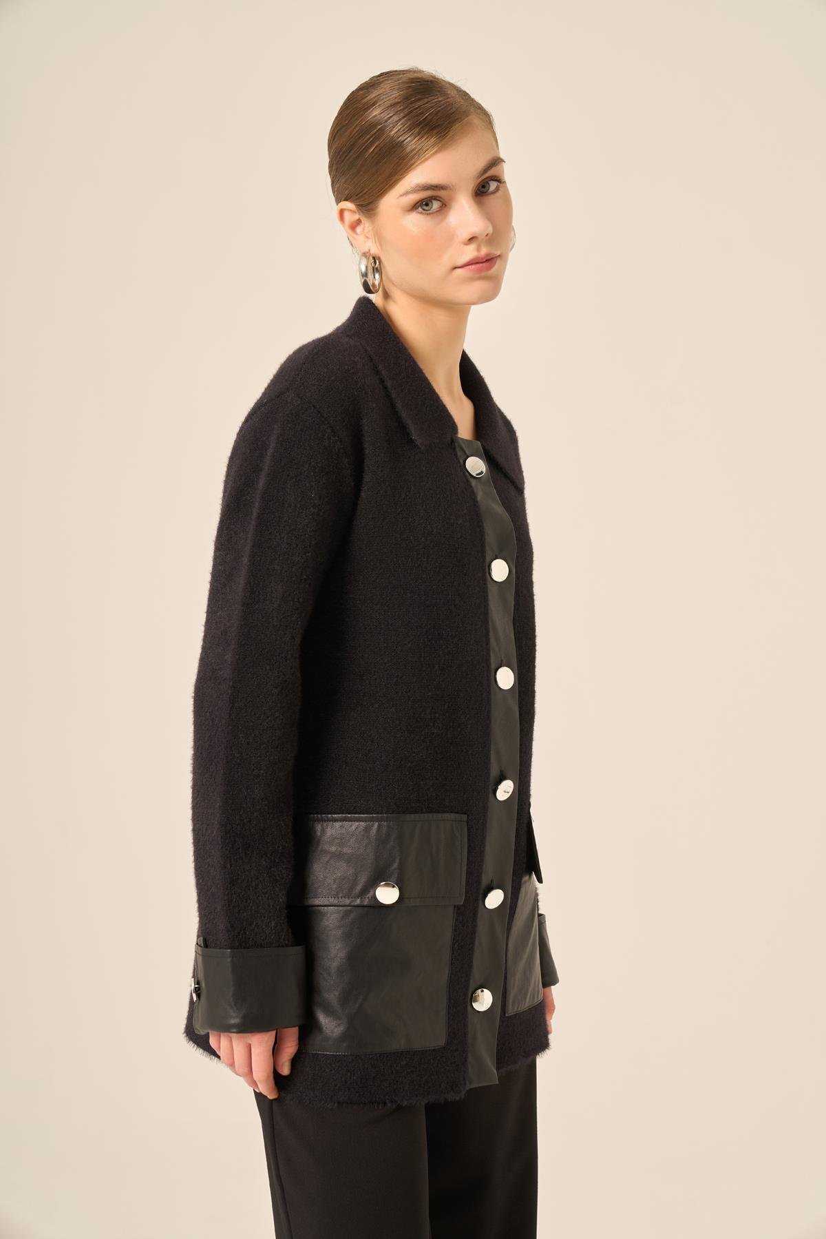 FTZ Women Kadın Deri Detaylı Ceket  Siyah 20793