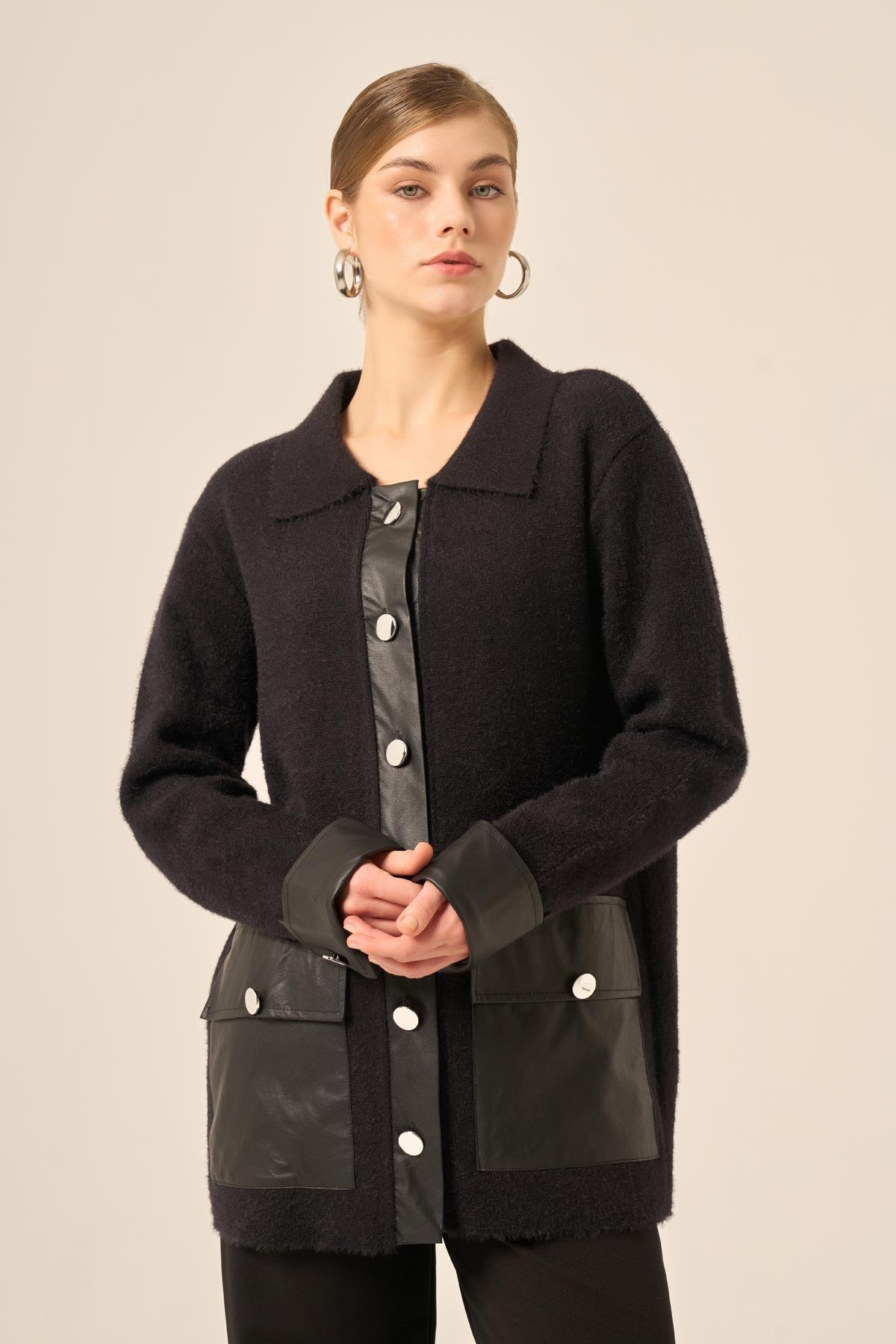 FTZ Women Kadın Deri Detaylı Ceket  Siyah 20793