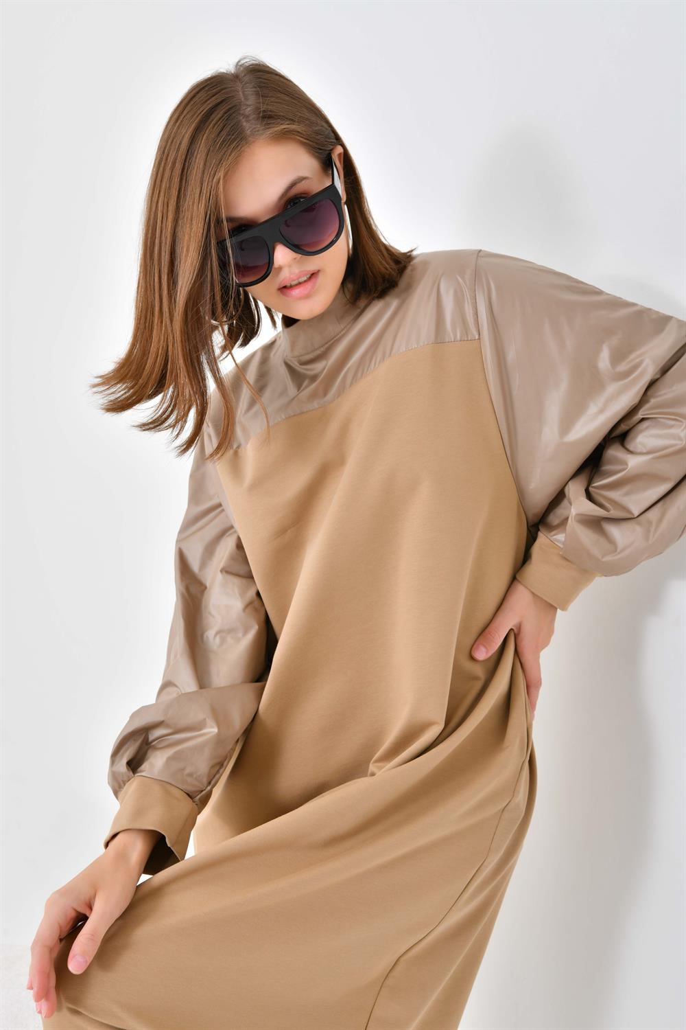 FTZ Women Kadın Deri Detaylı Elbise  Beige 30617