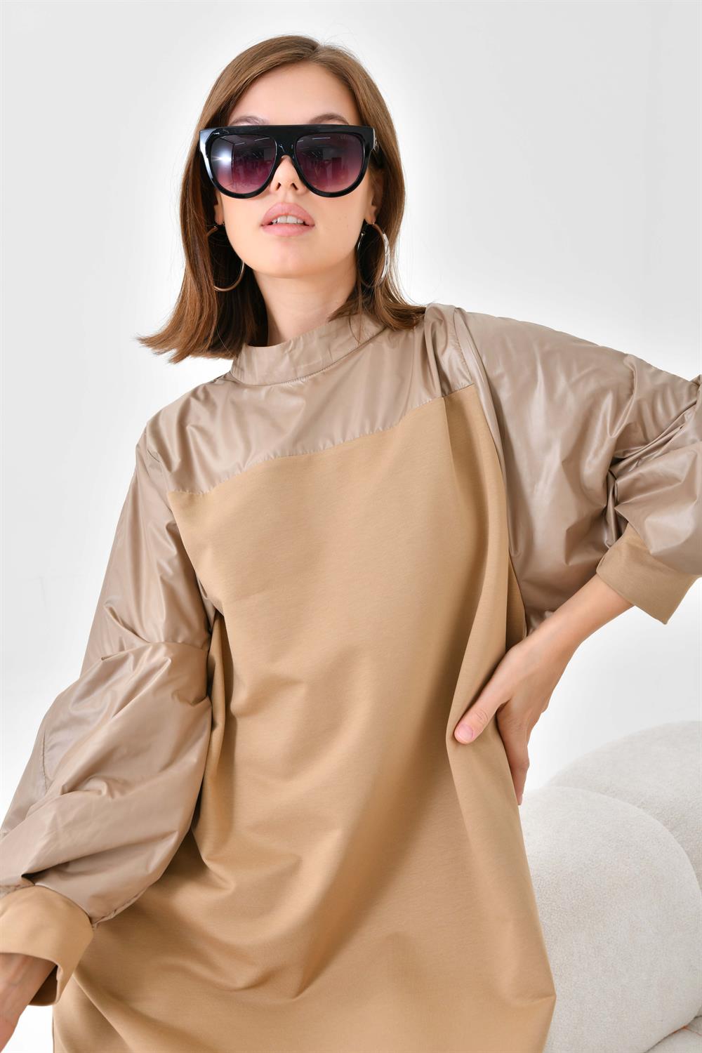FTZ Women Kadın Deri Detaylı Elbise  Beige 30617