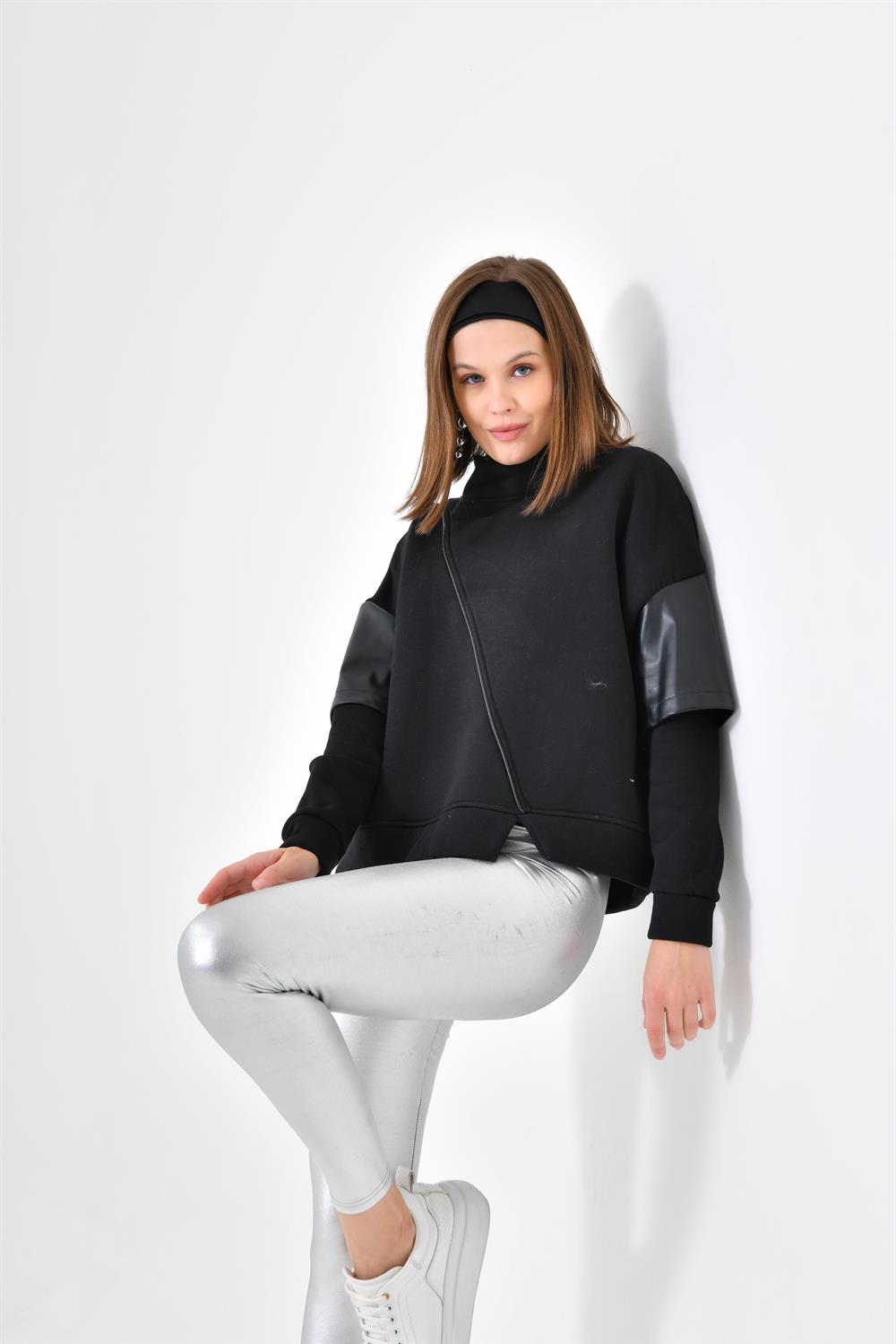 FTZ Women Kadın Deri Detaylı Sweatshırt  Siyah RBN4024