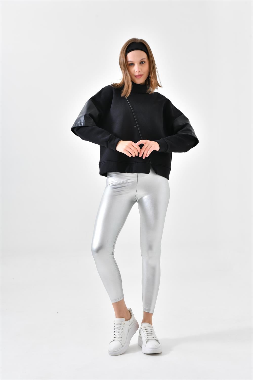 FTZ Women Kadın Deri Detaylı Sweatshırt  Siyah RBN4024