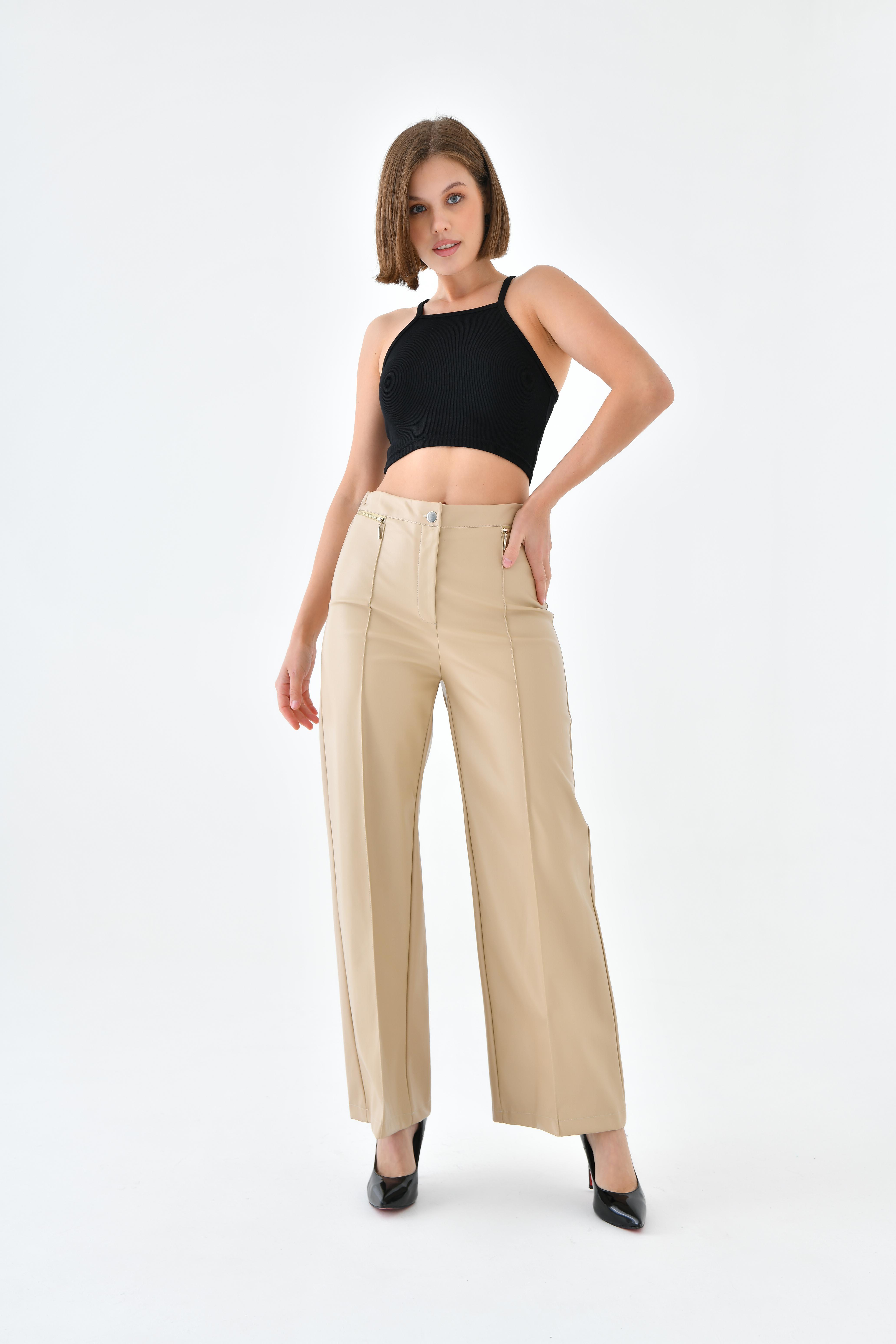 FTZ Women Kadın Deri Pantolon  Beige 30634