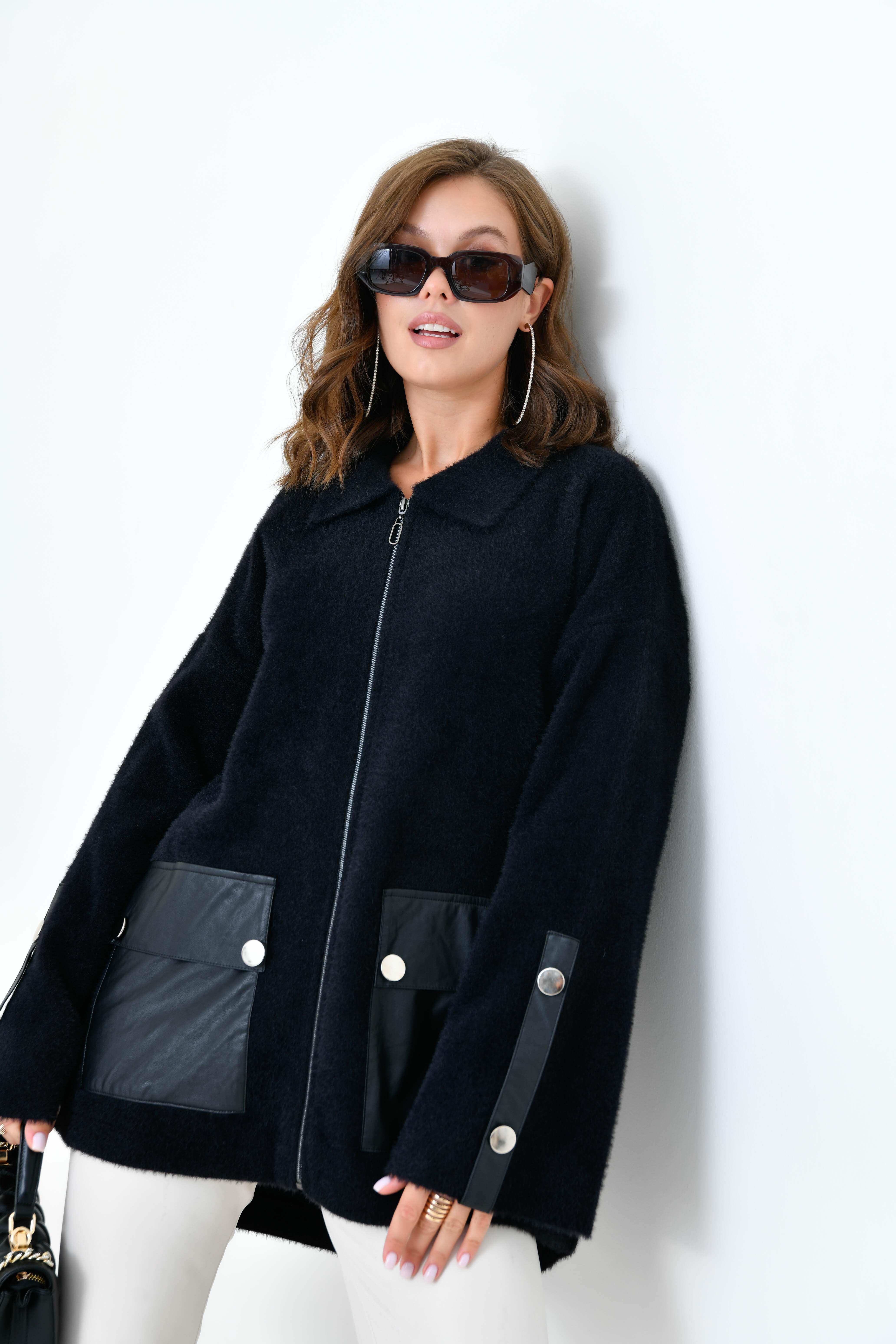 FTZ Women Kadın Deri Ve Düğme Detaylı Ceket  Siyah 20758