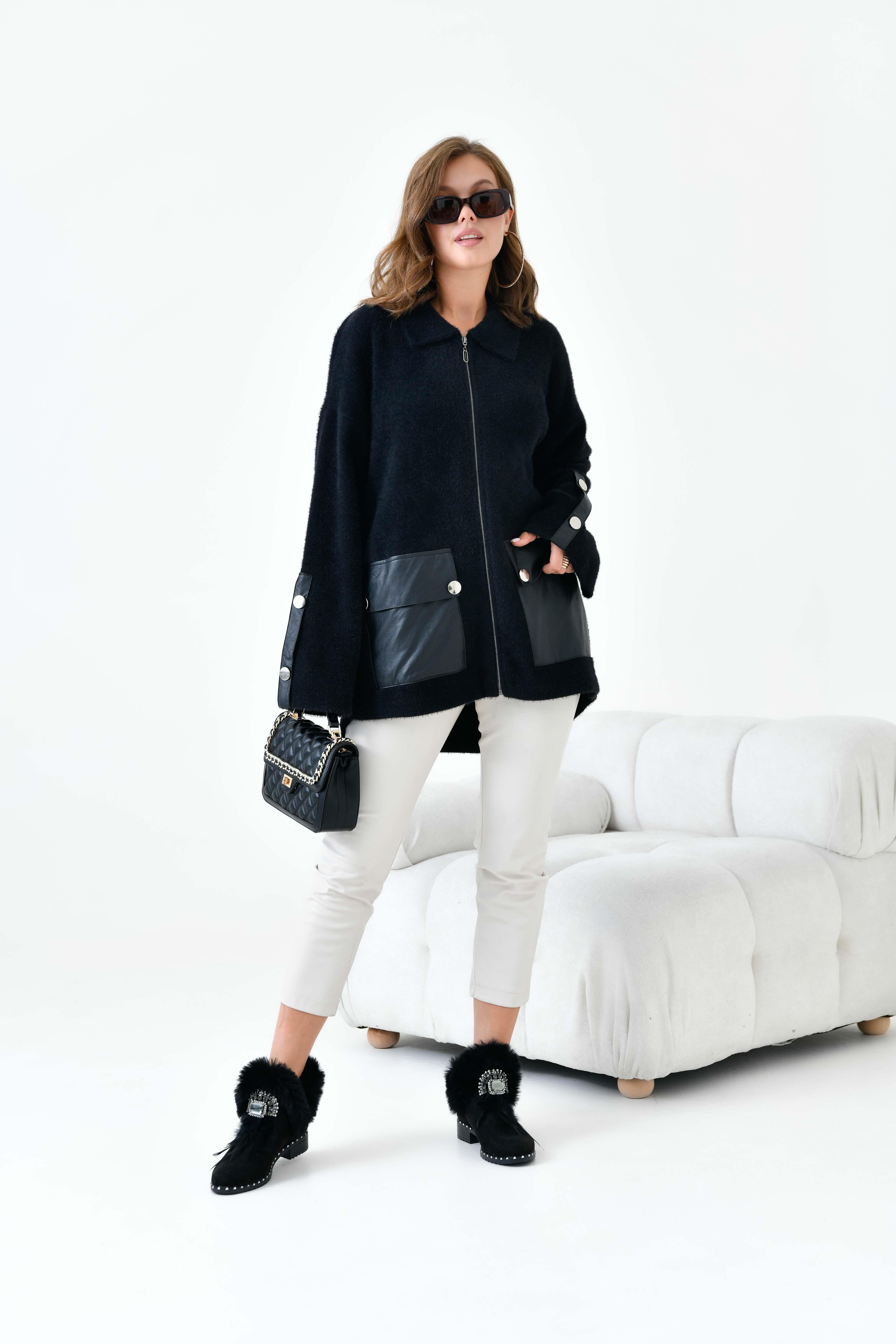 FTZ Women Kadın Deri Ve Düğme Detaylı Ceket  Siyah 20758