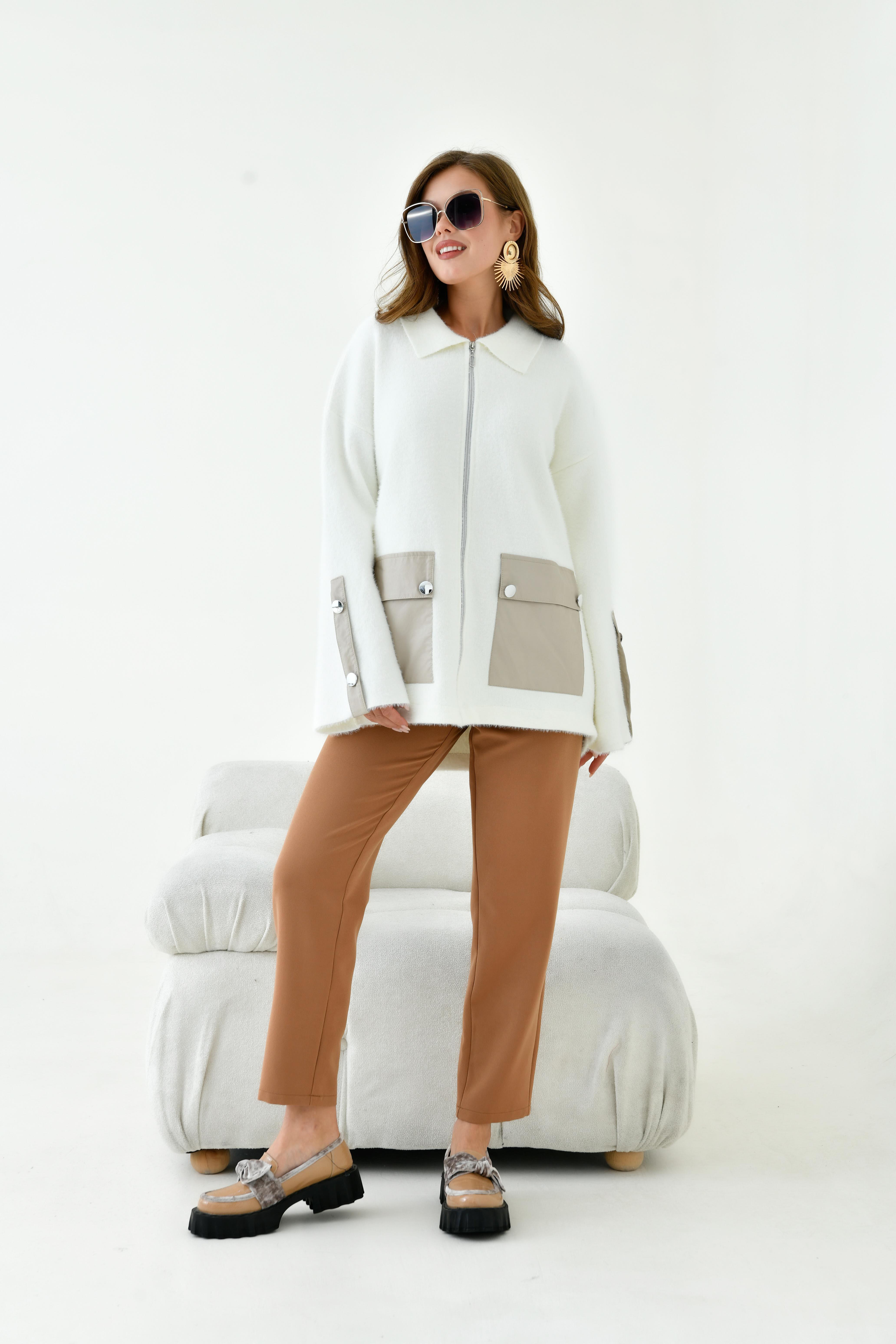 FTZ Women Kadın Deri Ve Düğme Detaylı Ceket  Ekru 20758