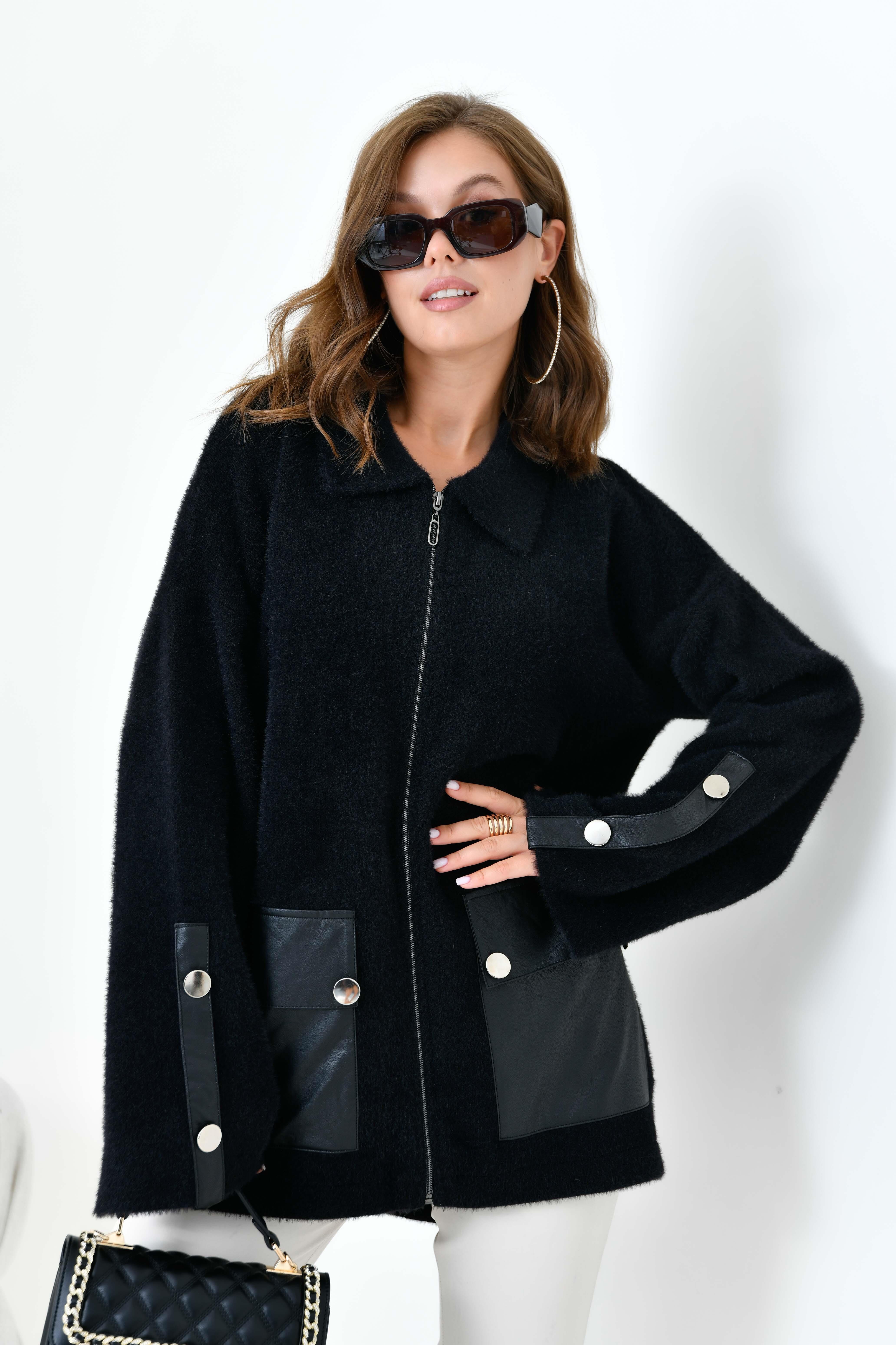 FTZ Women Kadın Deri Ve Düğme Detaylı Ceket  Siyah 20758