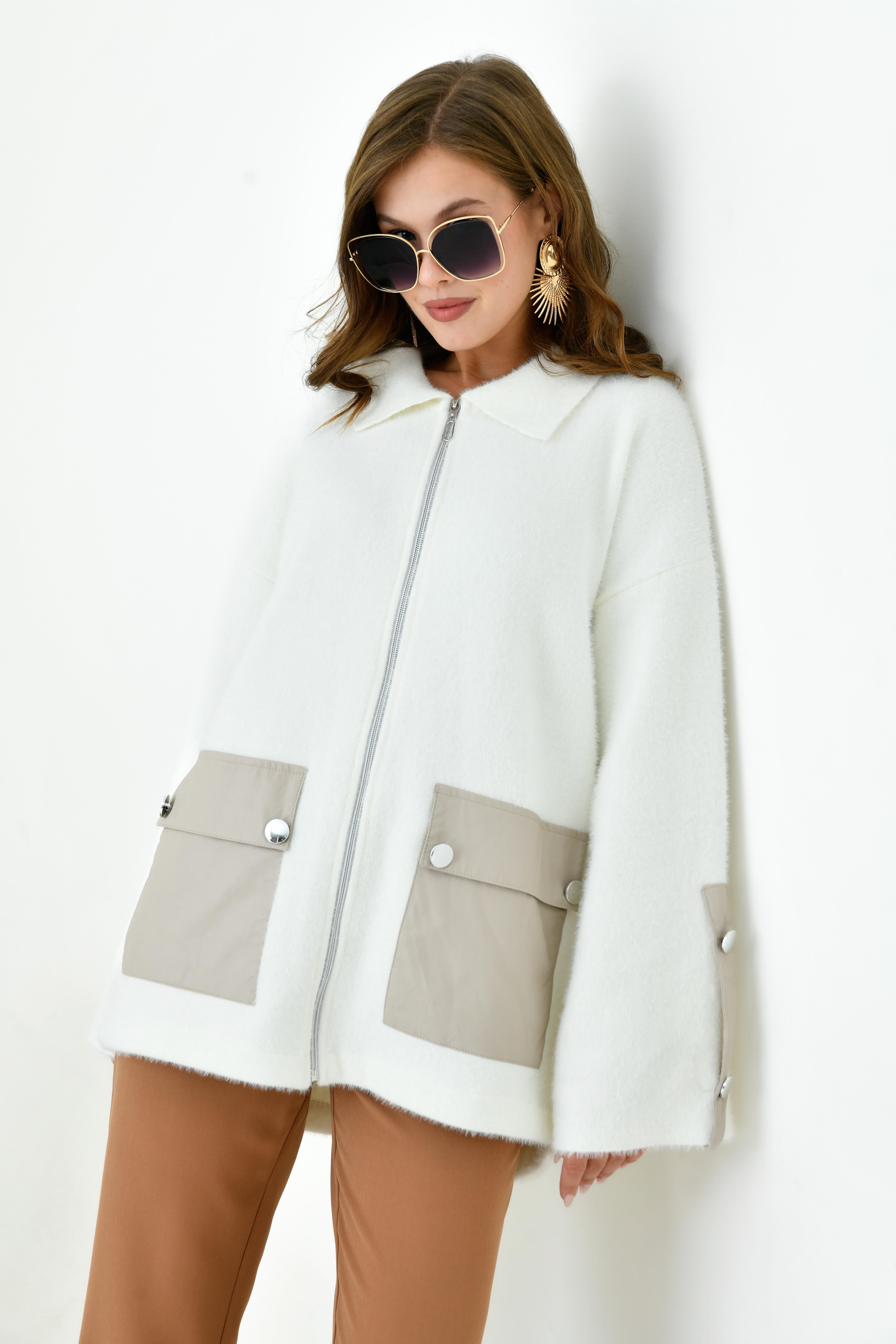 FTZ Women Kadın Deri Ve Düğme Detaylı Ceket  Ekru 20758