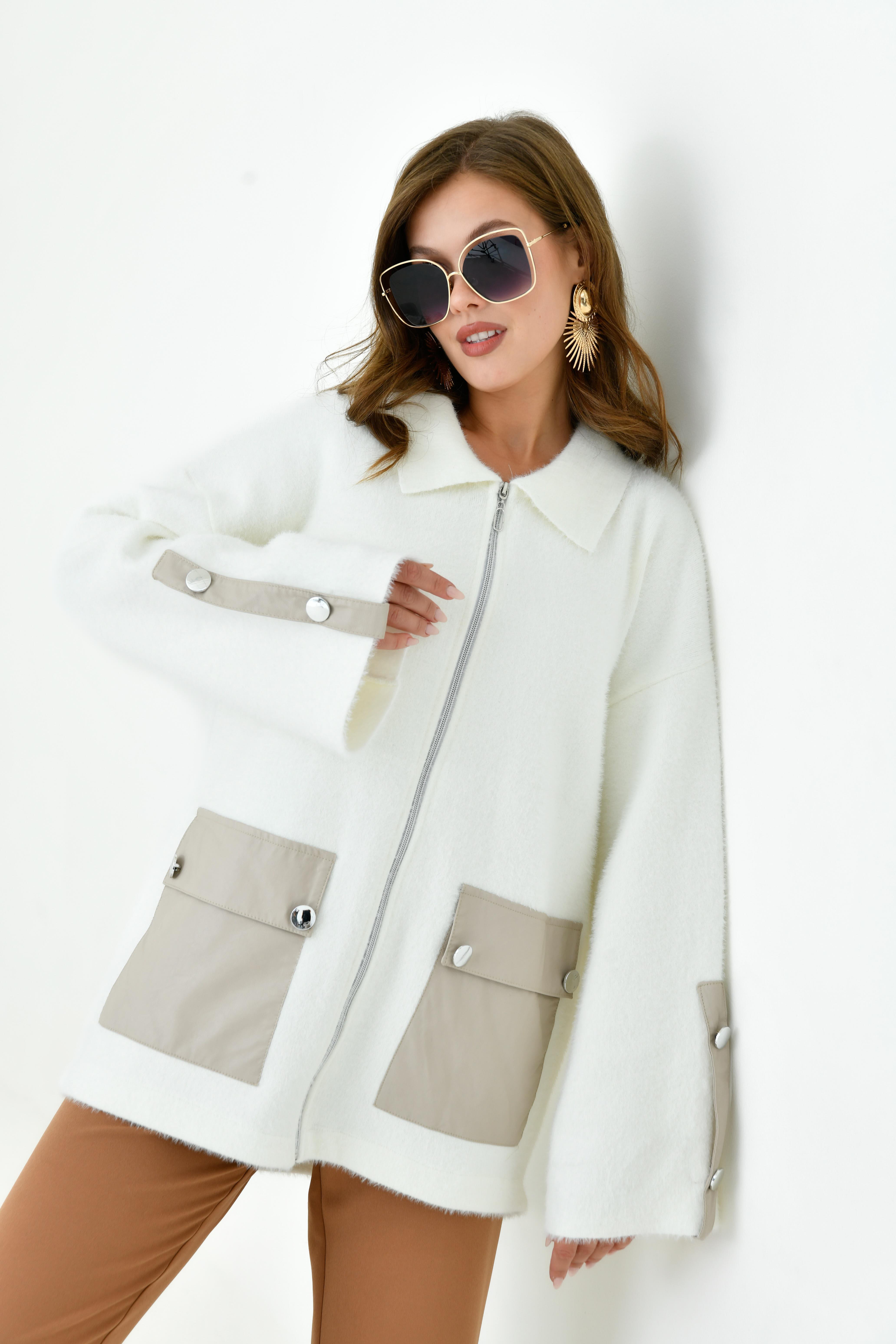 FTZ Women Kadın Deri Ve Düğme Detaylı Ceket  Ekru 20758