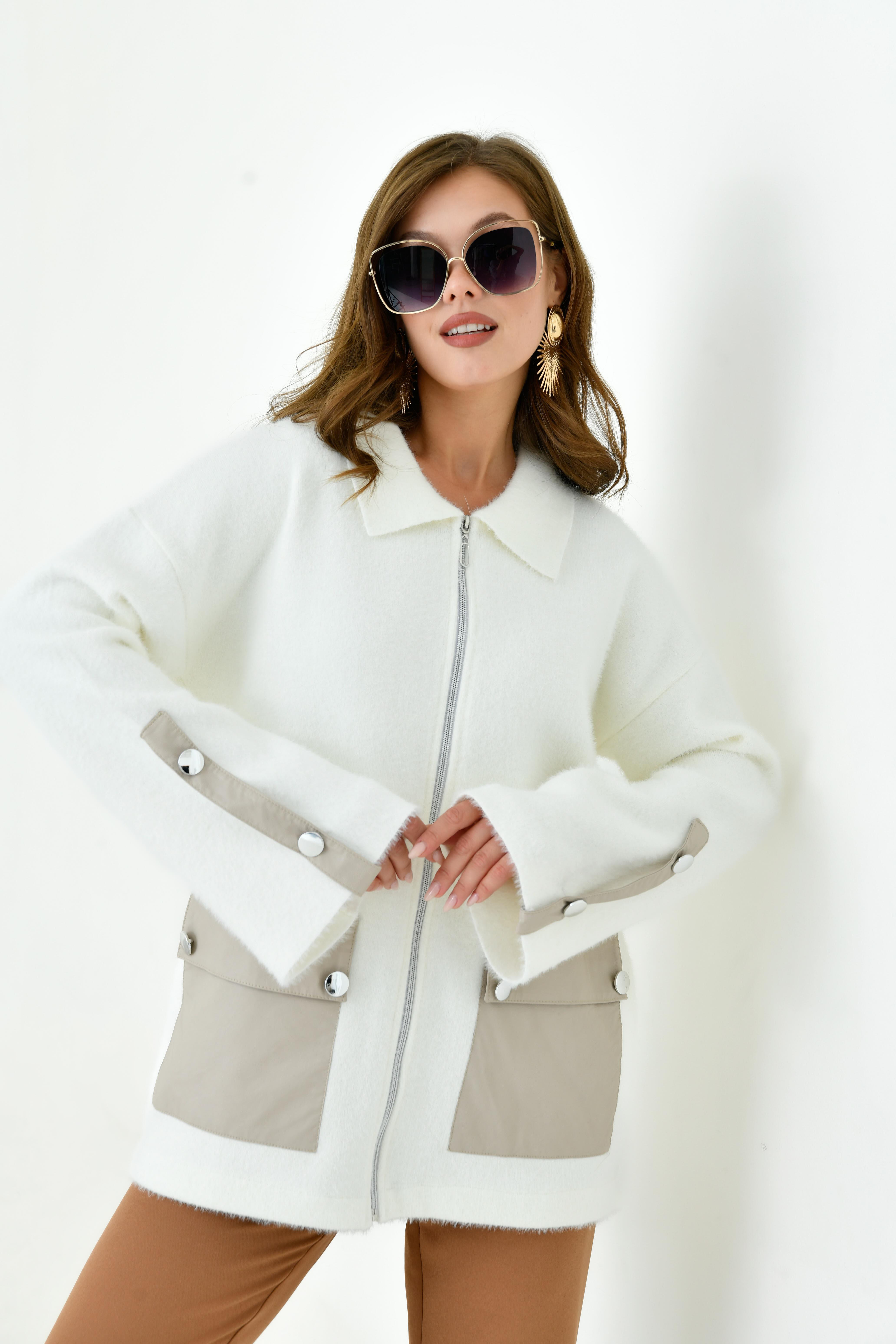 FTZ Women Kadın Deri Ve Düğme Detaylı Ceket  Ekru 20758