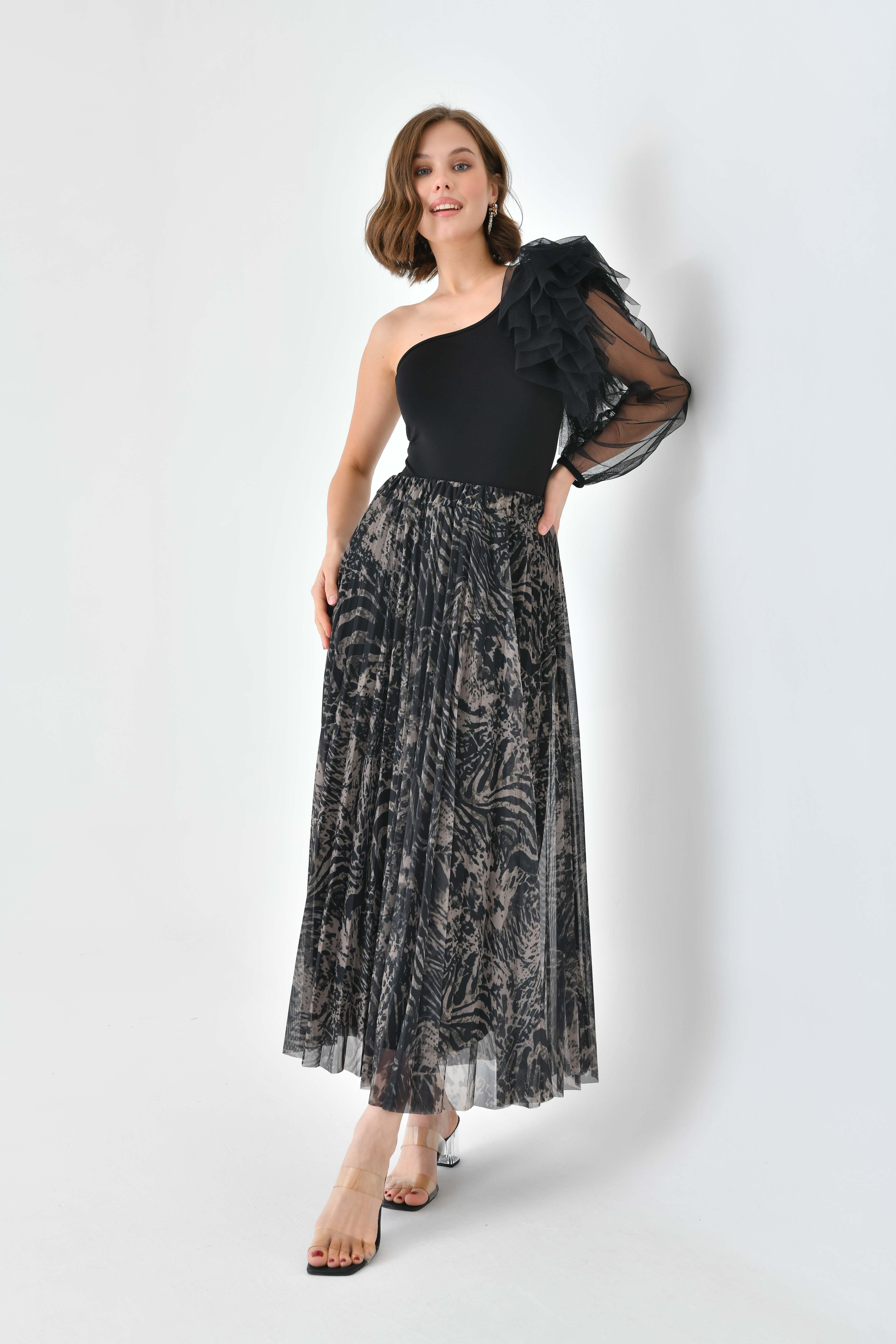 FTZ Women Kadın Desenli Pliseli Etek  Beige 30728