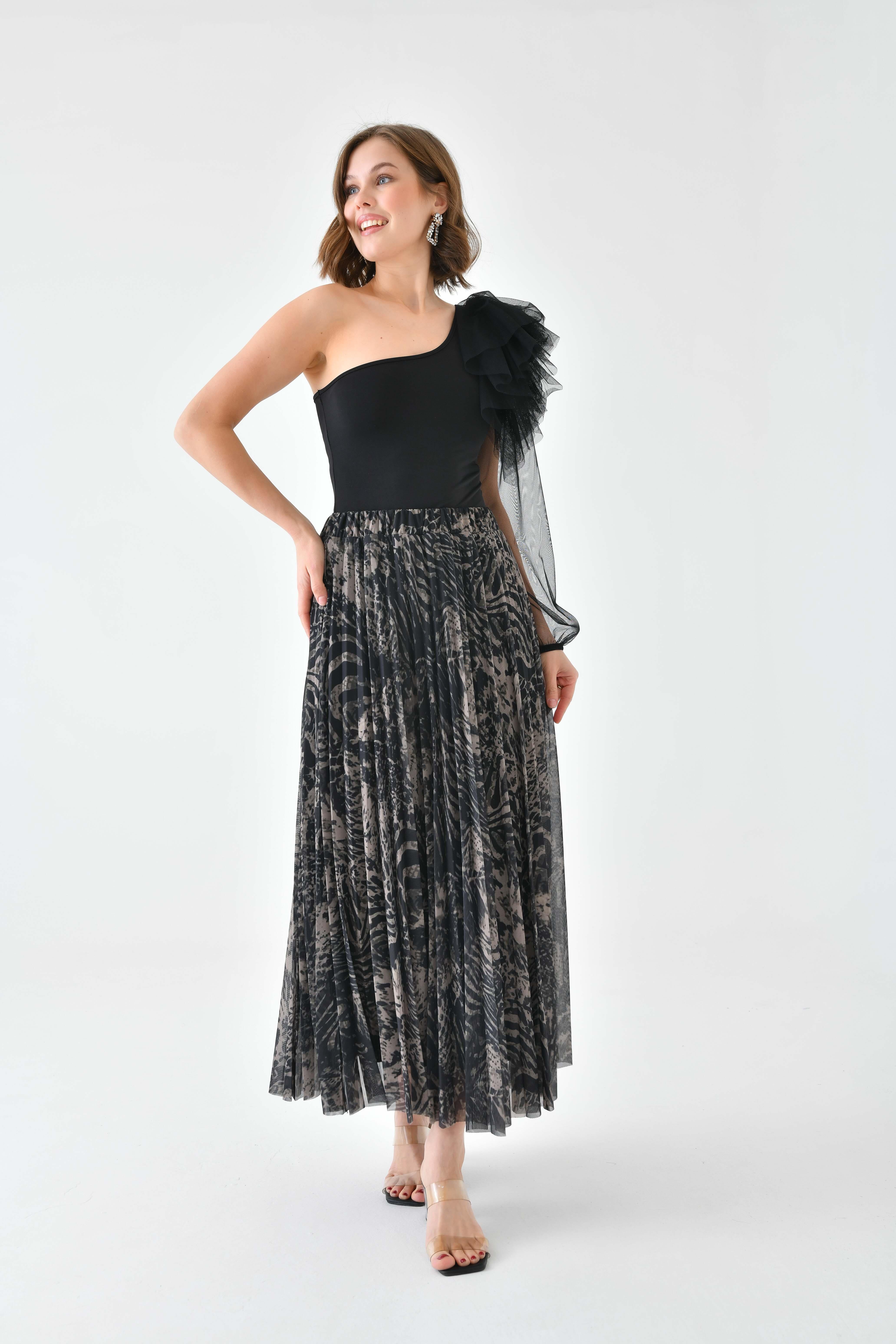 FTZ Women Kadın Desenli Pliseli Etek  Beige 30728