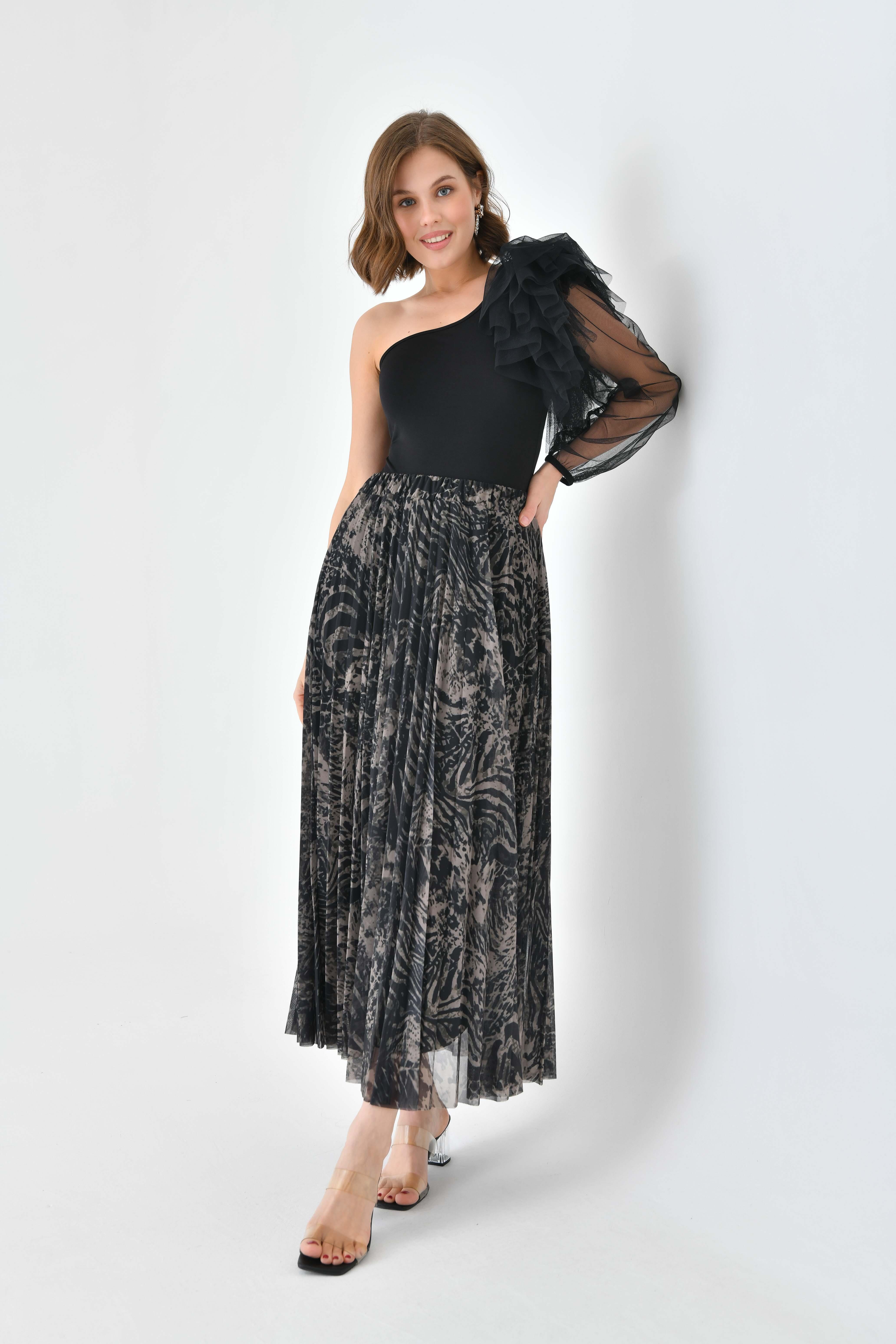 FTZ Women Kadın Desenli Pliseli Etek  Beige 30728